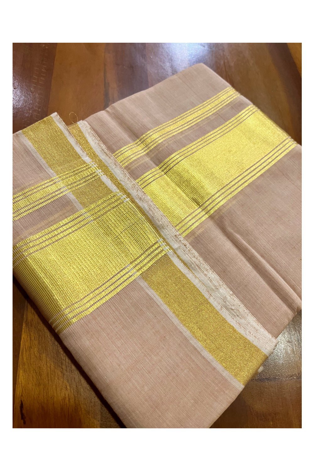 Southloom Super Premium Balaramapuram Unakkupaavu Handloom Kasavu Mundu in Peach Colour (South Indian Kerala Dhoti)