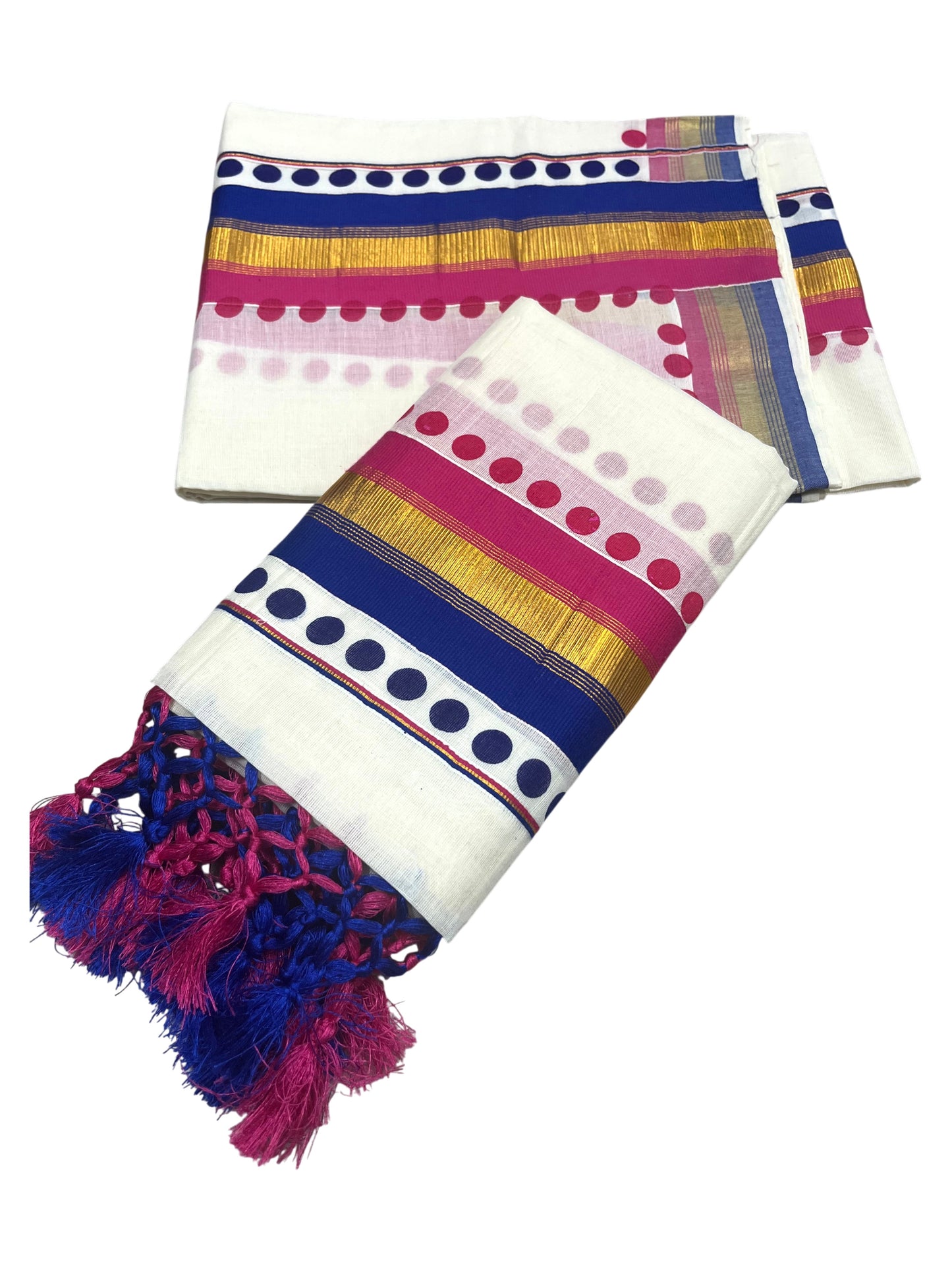 Southloom Kerala Cotton Kasavu Single Set Mundu (Mundum Neriyathum) with pink and Blue Border With Polka Dots SLKK