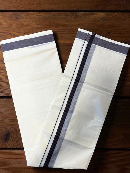 Southloom Pure Cotton Mundu with Gray Lines and Black Border (South Indian Kerala Dhoti)