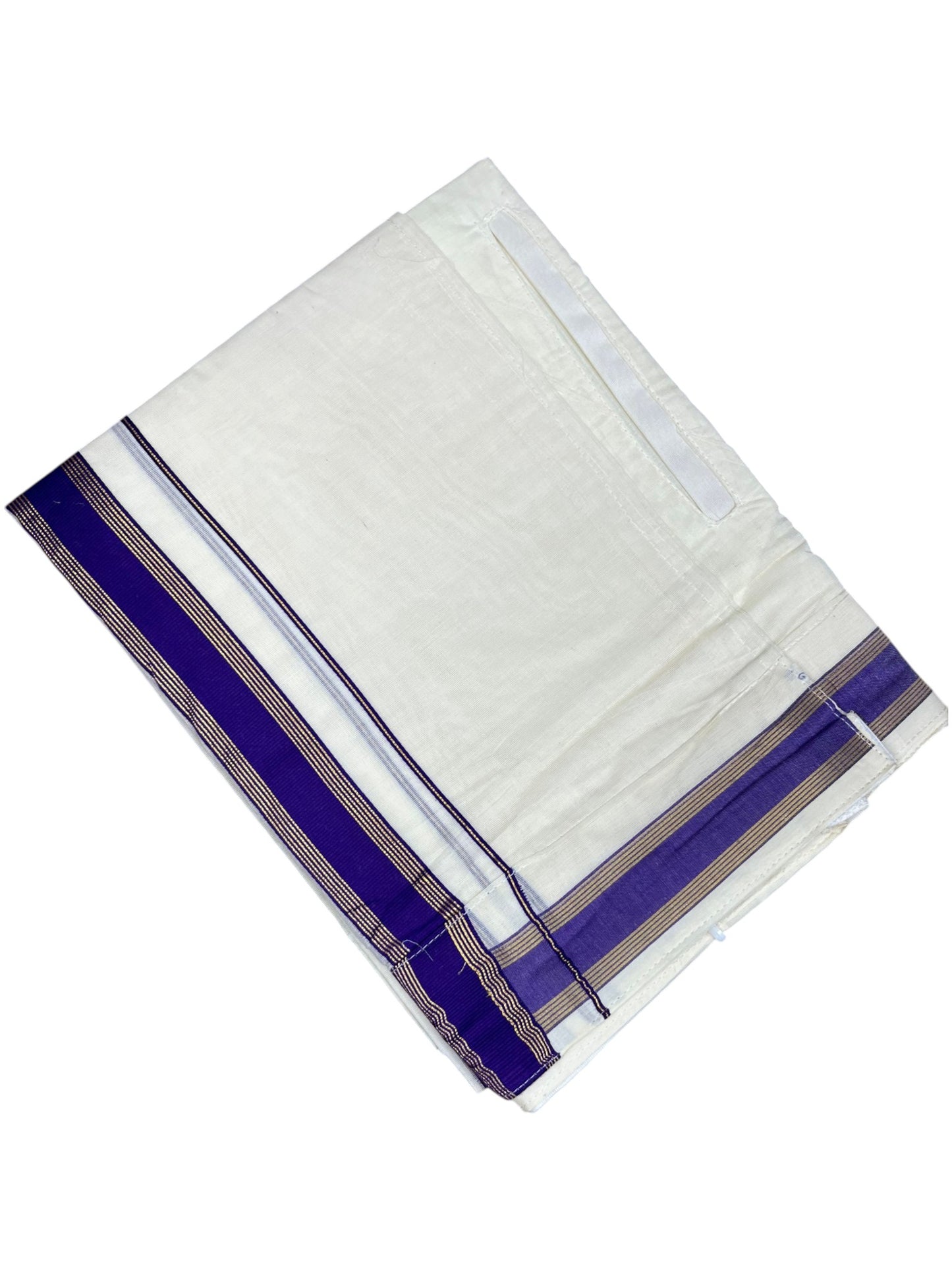 Southloom Kerala Cotton Velcro Mundu with Gold Lines and Violet Border (South Indian Kerala Dhoti) in 4 mtrs