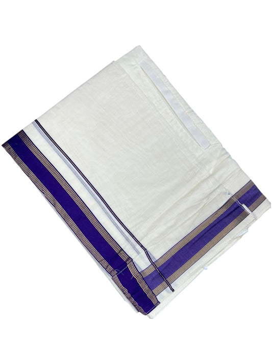Southloom Kerala Cotton Velcro Mundu with Gold Lines and Violet Border (South Indian Kerala Dhoti) in 4 mtrs