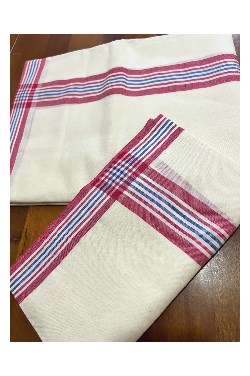 Kerala Cotton Mulloth Mundum Neriyathum Single (Set Mundu) with Red Blue Border (Extra Soft Cotton) 2.80 Mtrs