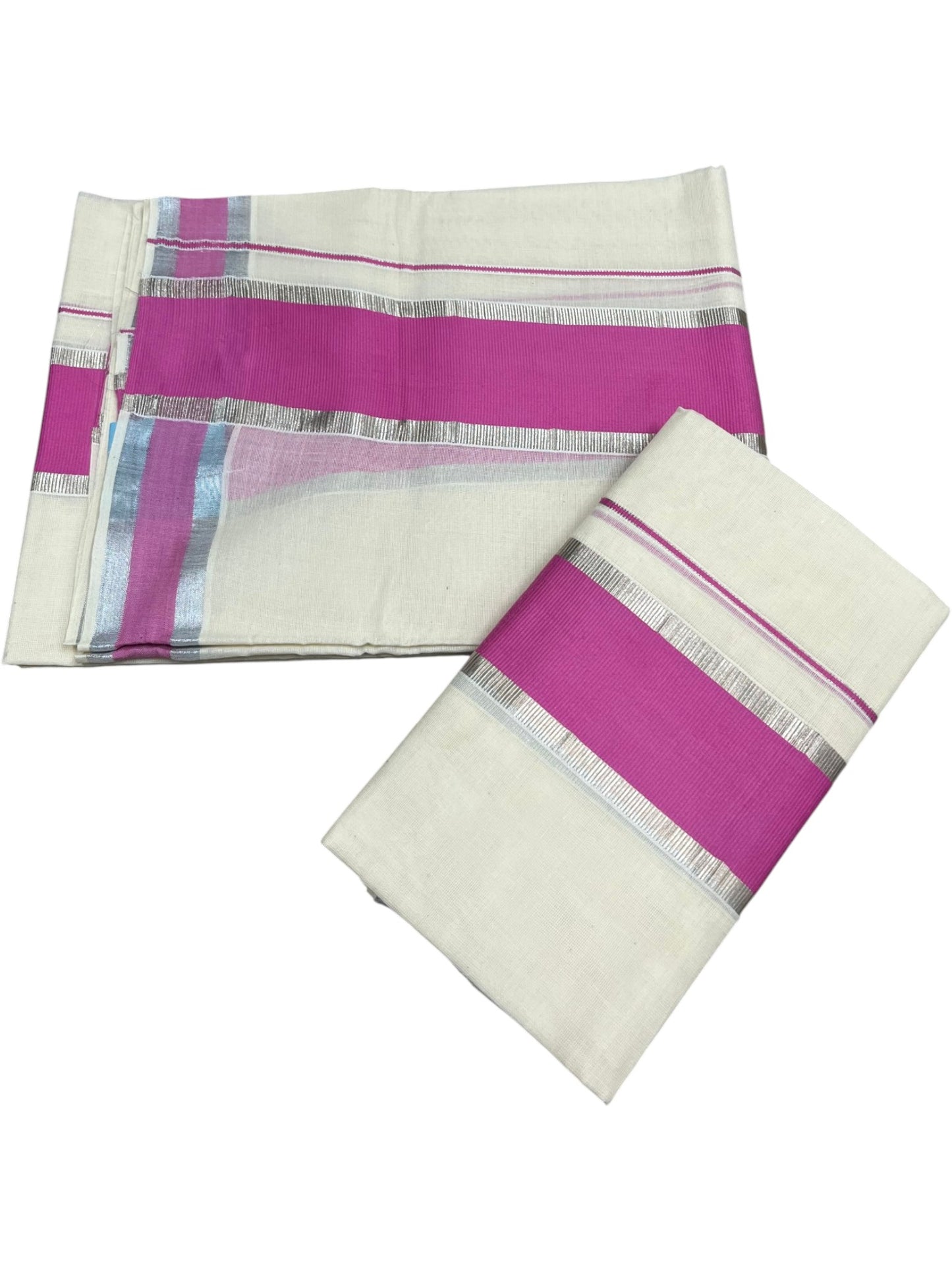 Kerala Cotton Mundum Neriyathum Single (Set Mundu) with Pink and Silver Kasavu Border 2.80 Mtrs  SLKK SL498