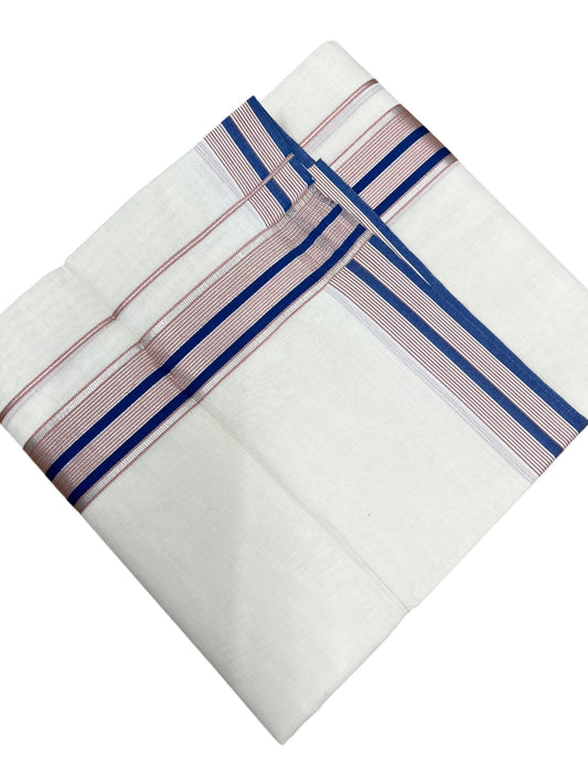 Southloom Kerala Pure Cotton Double Mundu with Peach Lines and Blue Border with (South Indian Dhoti)