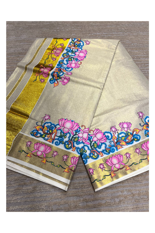 Southloom Tissue Kerala Kasavu Saree with Lotus Handpainted Design
