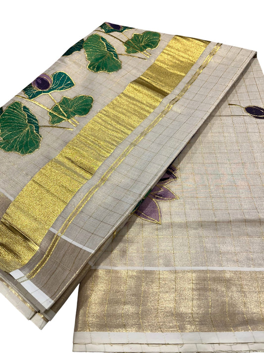 Southloom Tissue Check Kerala Kasavu Saree with Hand Painted Embroidery Violet Lotus Design