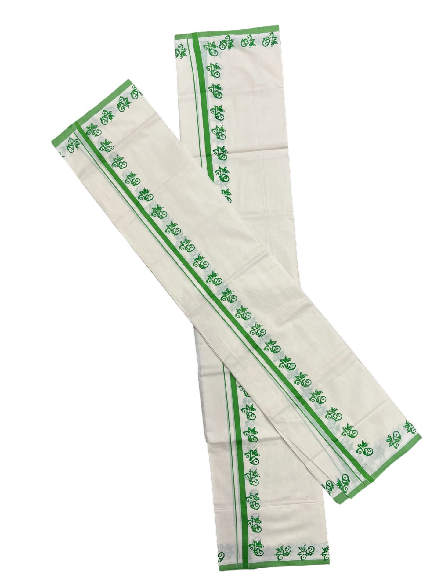 Kerala Pure Cotton Set Mundu Single (Mundum Neriyathum) with Light Green Block Prints