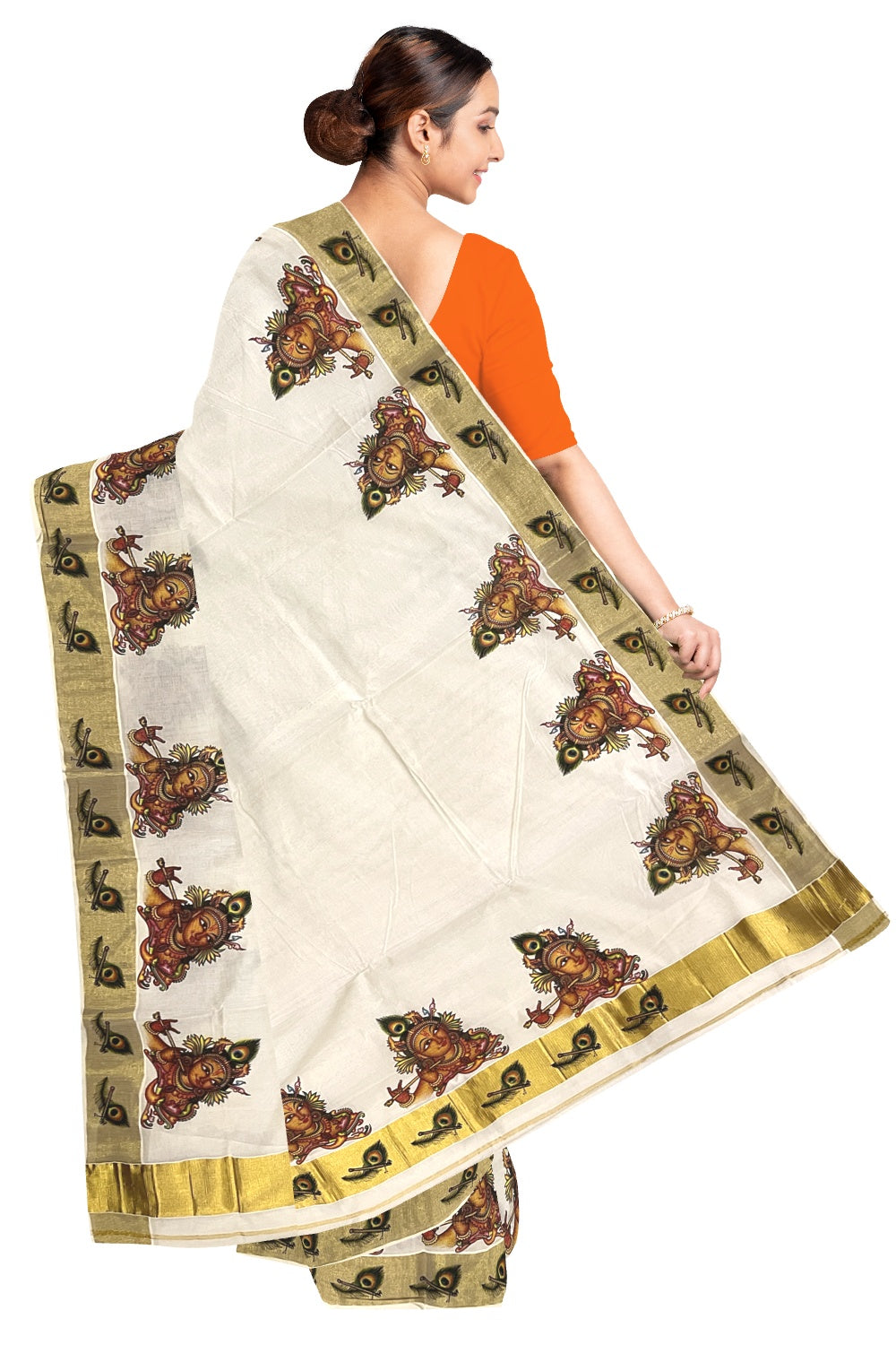 Pure Cotton Kerala Kasavu Saree with Mural Printed Krishna and Feather Design