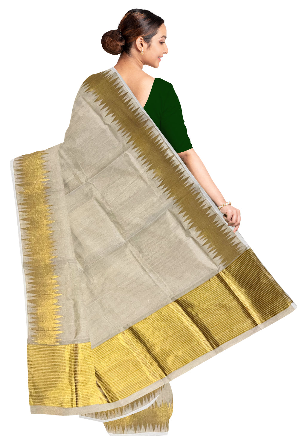 Southloom™ Original Handloom Tissue Kasavu Saree with Unique Temple Design Border
