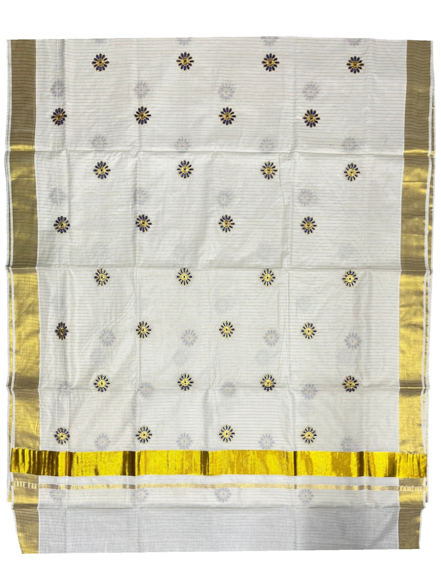 Southloom Cotton Kerala Kasavu Lines Saree with Floral Embroidery Design in Blue