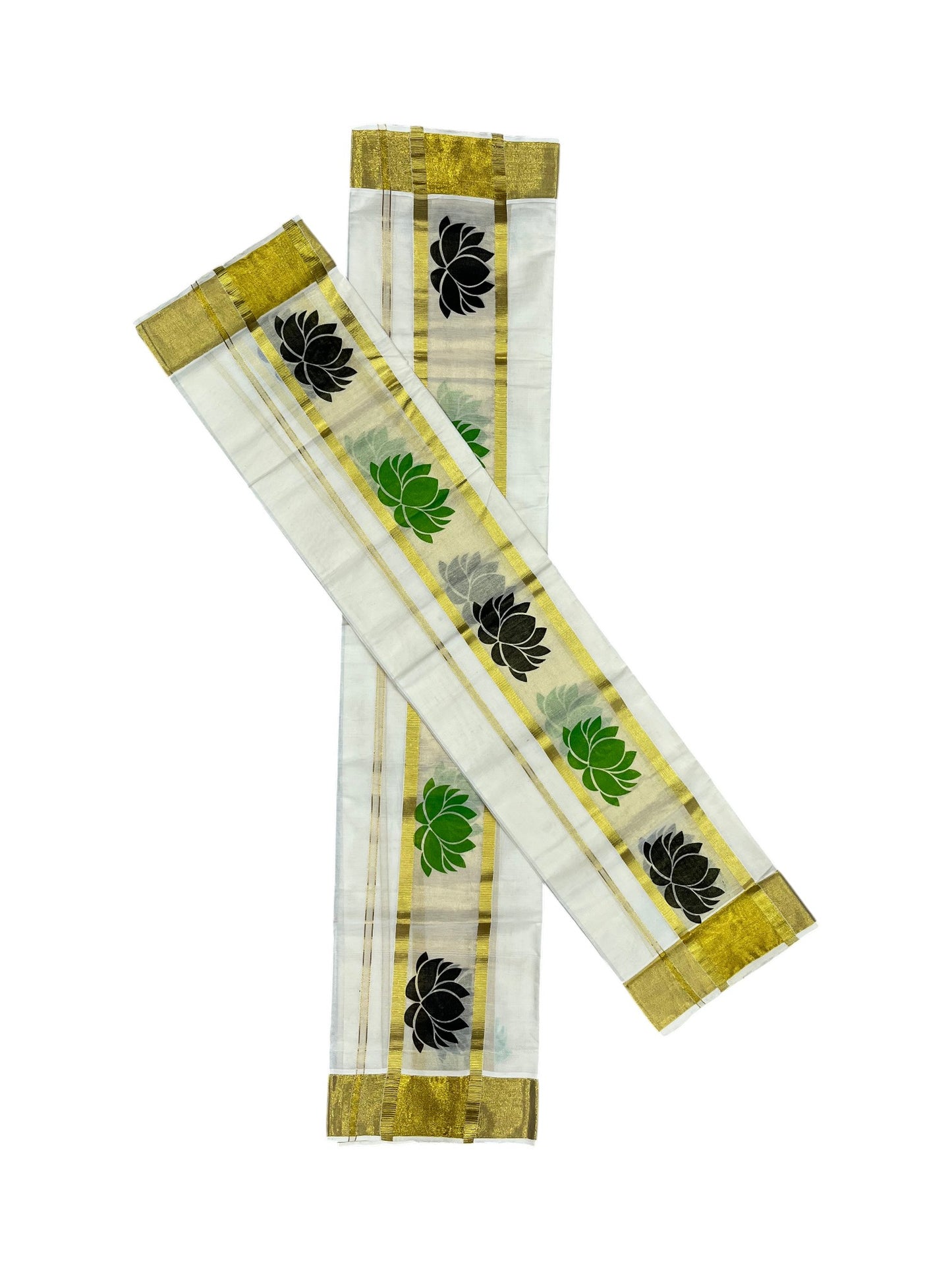 Kerala Cotton Single Set Mundu (Mundum Neriyathum) with Black And Green Lotus Block Prints On Kasavu Border 2.80 Mtrs SL340
