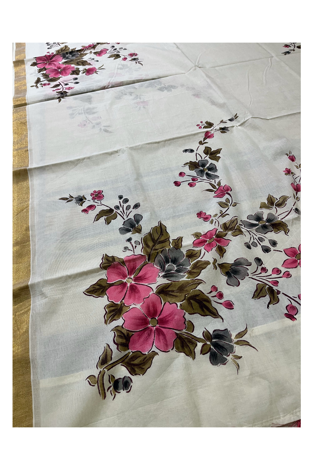 Kerala Cotton Kasavu Saree with Floral Painted Designs