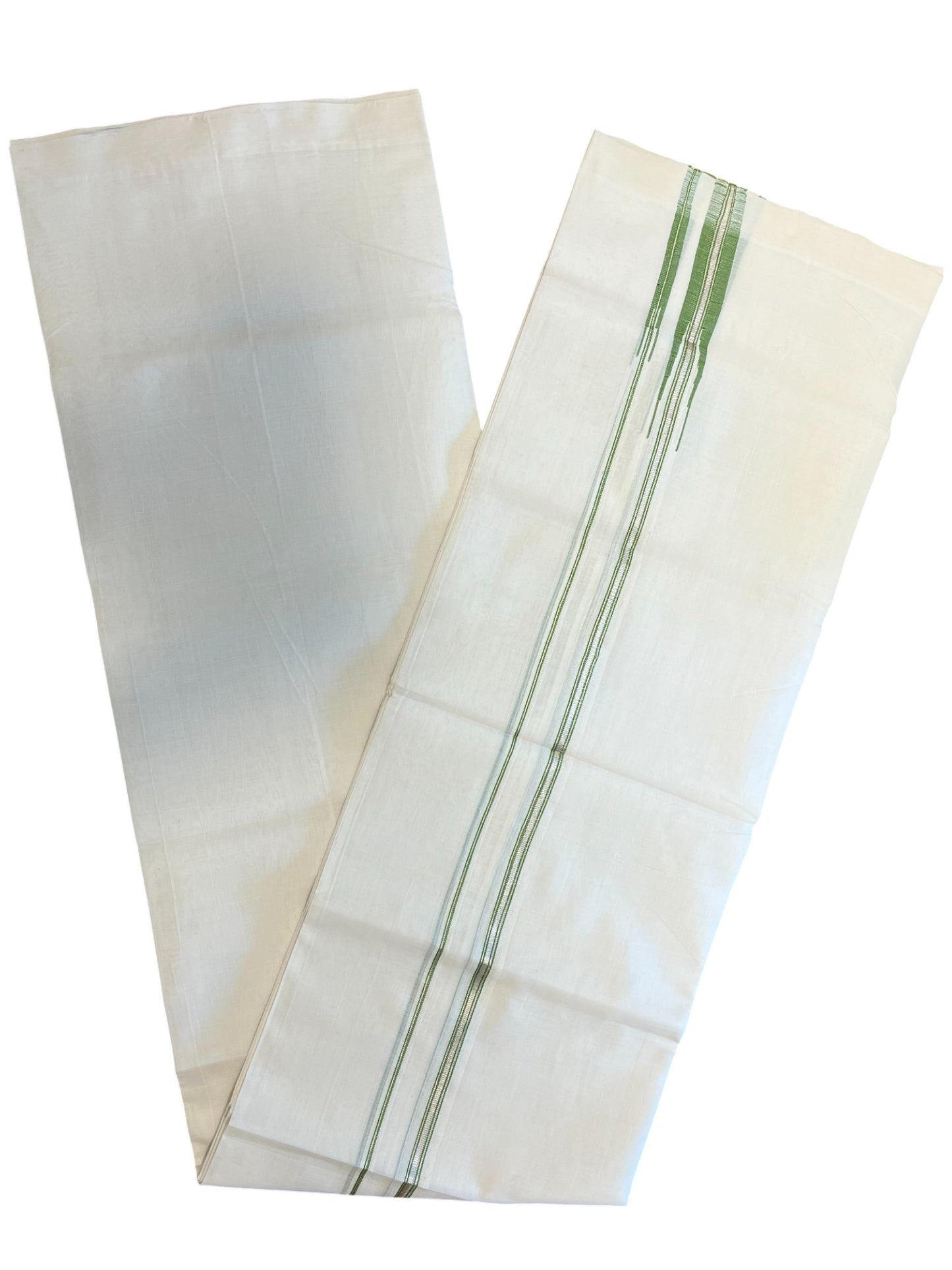 Southloom Premium Handloom Cotton Double Mundu with Silver and Green Chutti Kara Border