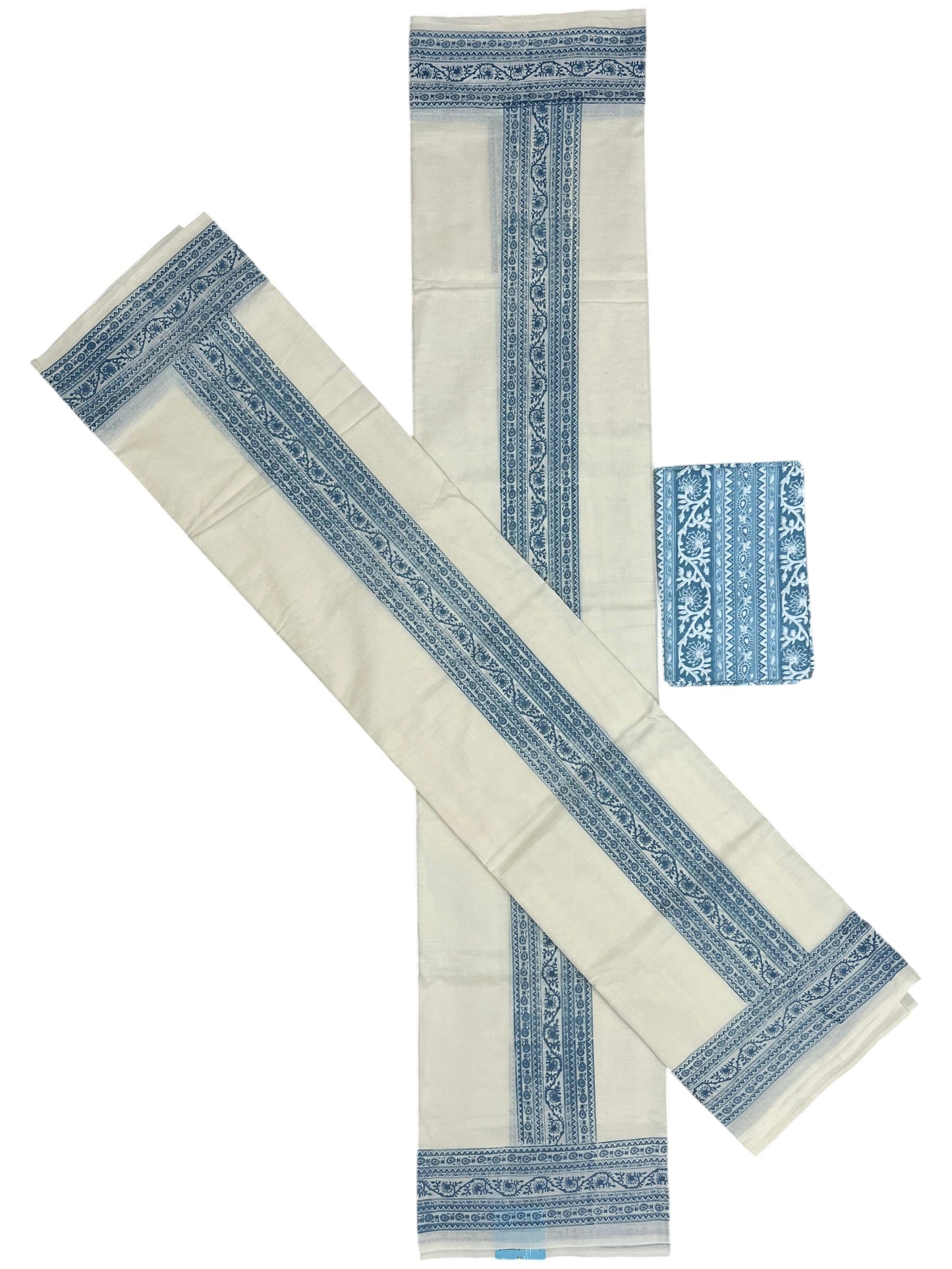 Southloom Blue Block Printed Set Mundu with Blouse Piece 2.80Mtrs