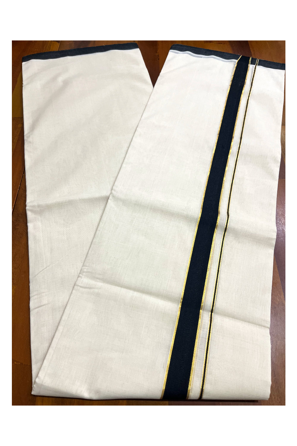 Premium Balaramapuram Handloom Unakkupaavu Cotton Double Mundu with Black and Kasavu Border (Vishu 2024 Collection)