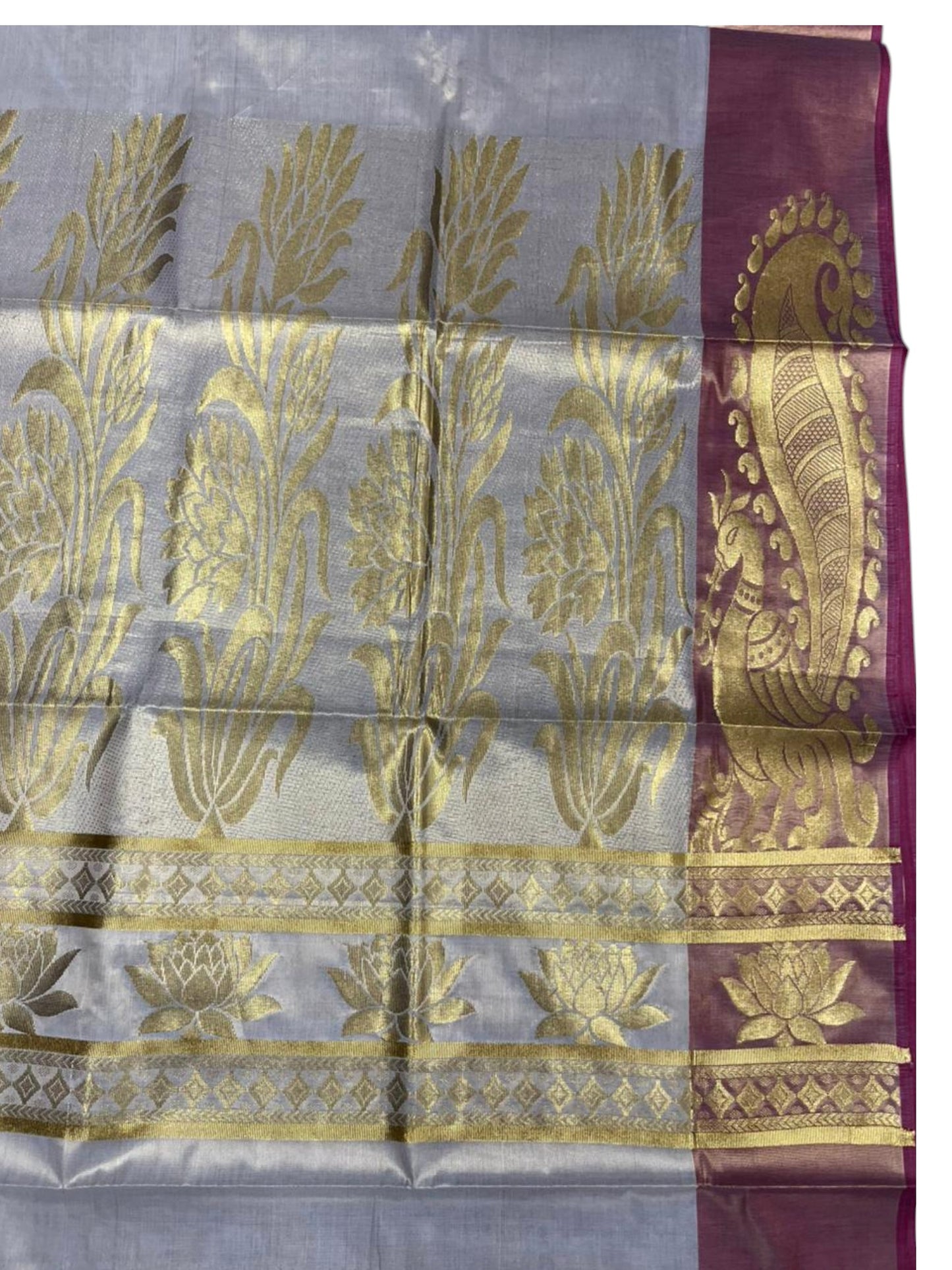 Southloom  Kerala Tissue Kasavu Heavy Work Saree with Peacock Design And Red Border SL483
