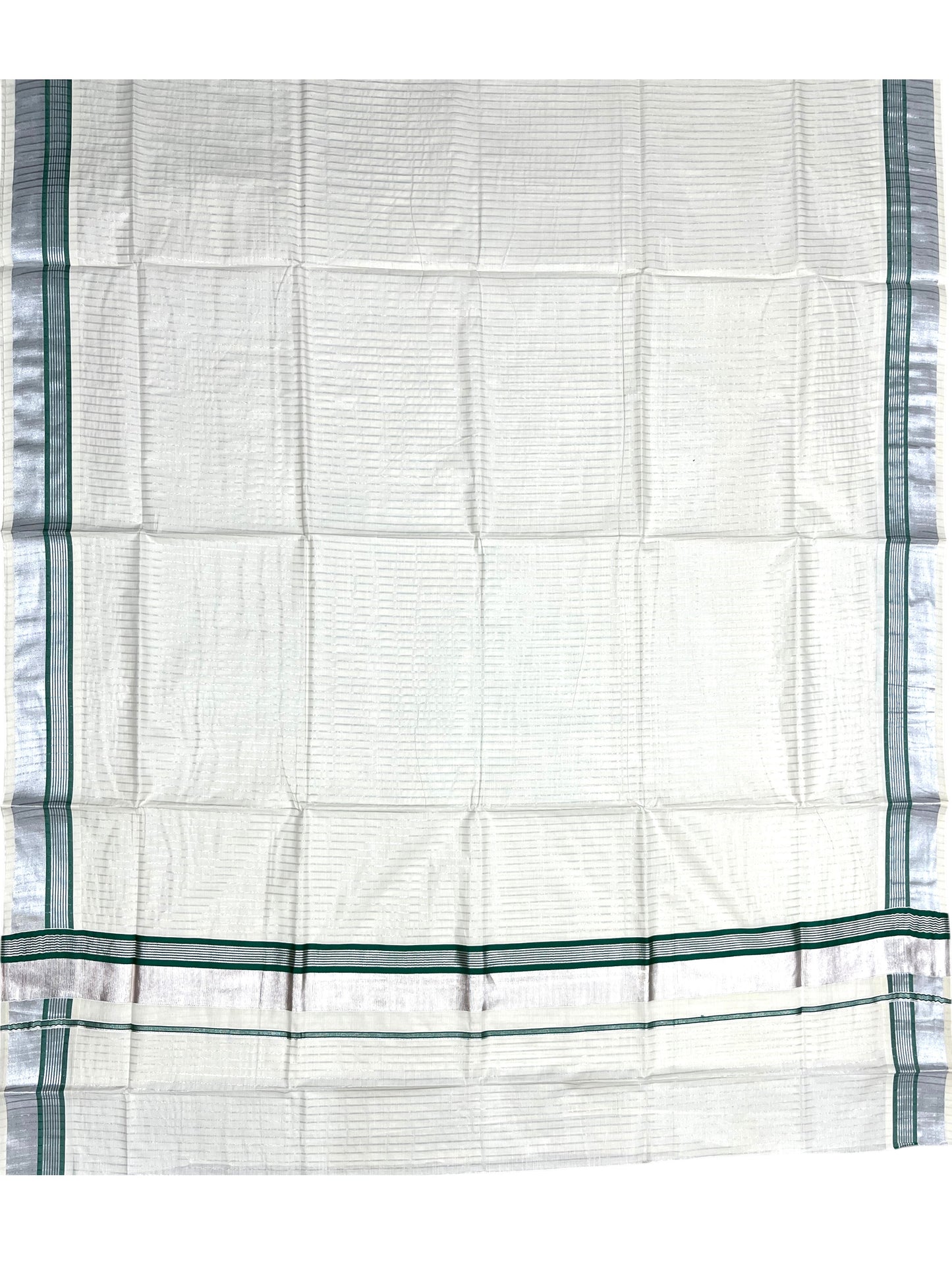 Southloom Pure Cotton Kerala Silver Kasavu Lines Saree with  Green and Silver Border