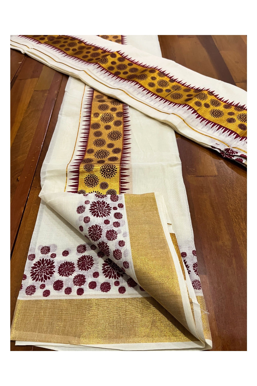 Kerala Pure Cotton Set Mundu Single (Mundum Neriyathum) with Maroon Temple Block Prints on Kasavu Border