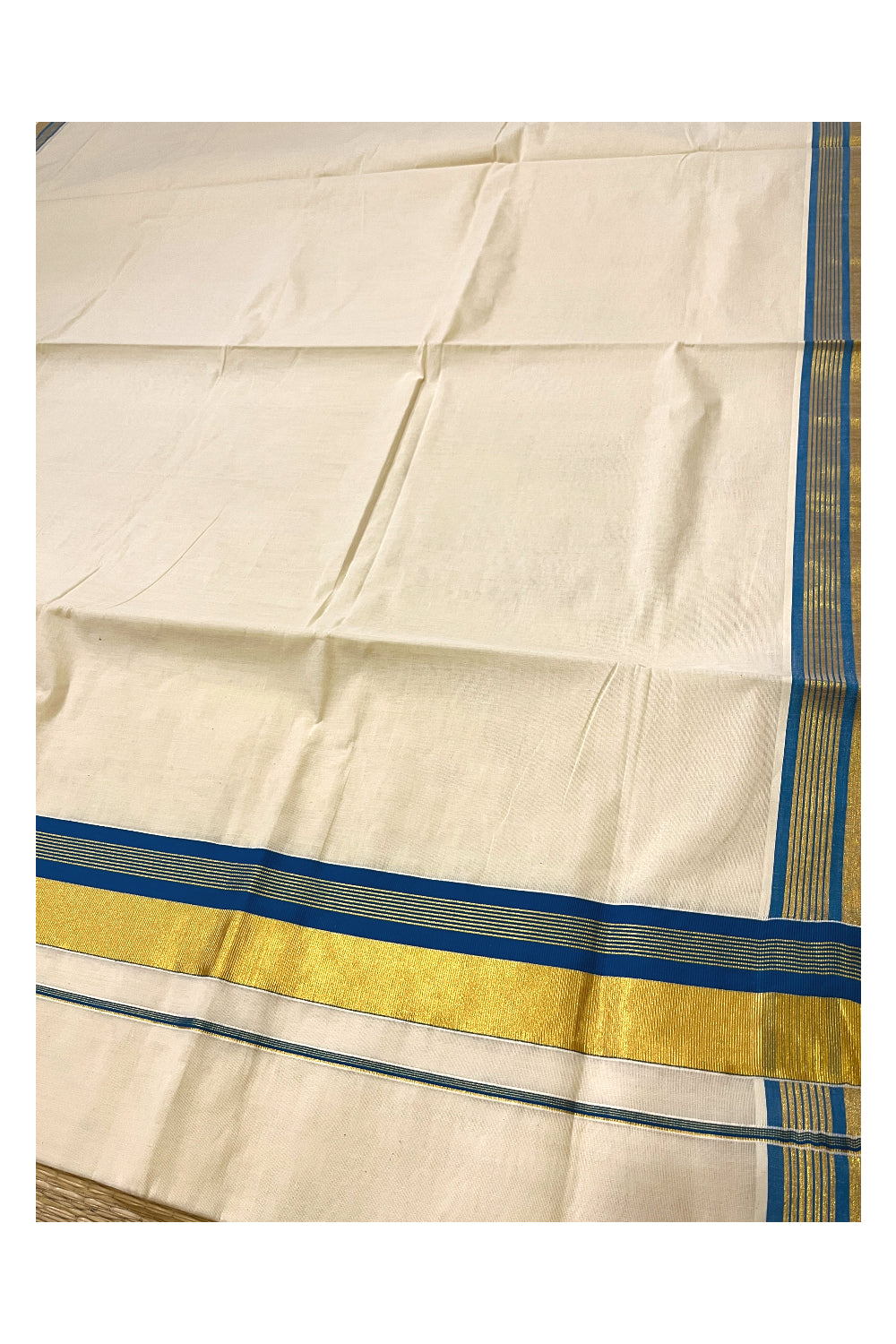 Pure Cotton Kerala Plain Saree with Kasavu and Blue Border