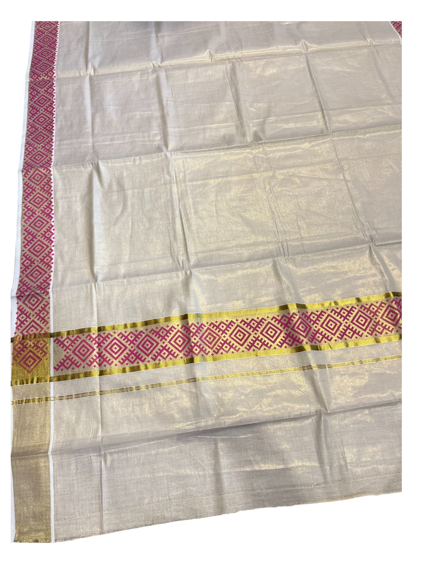 Southloom Kerala Tissue Kasavu Plain Saree  Magenta Hand Printed