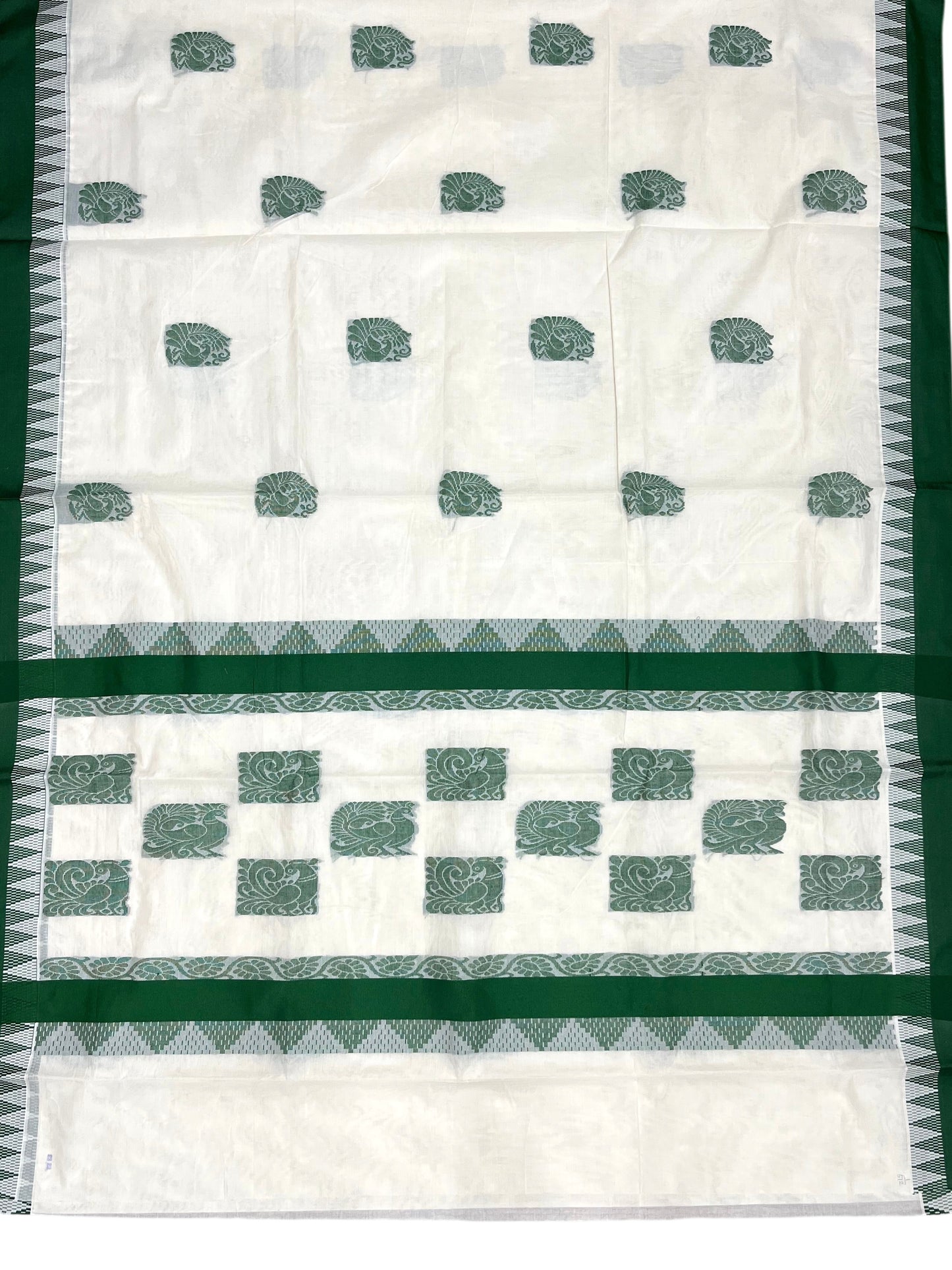 Southloom Pure Cotton Kerala Saree with Green Heavy Woven Designs and Temple Border