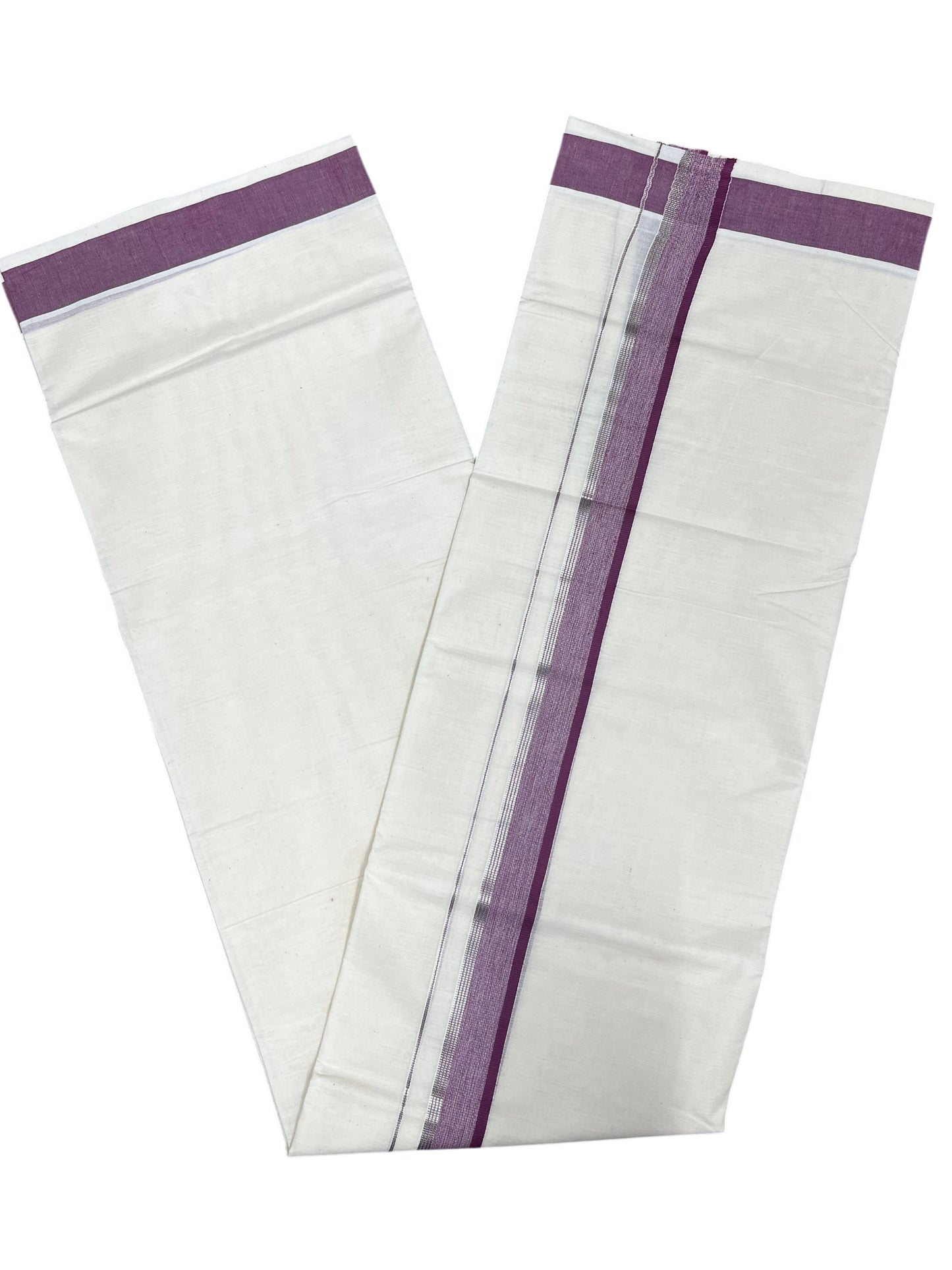 Southloom Pure Cotton Mundu with Silver Lines and Purple Border (South Indian Kerala Dhoti)
