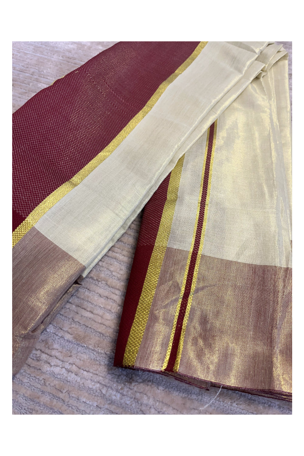 Southloom Tissue  Ready to Wear Kasavu Kerala Saree with Maroon Kara and Blouse Piece
