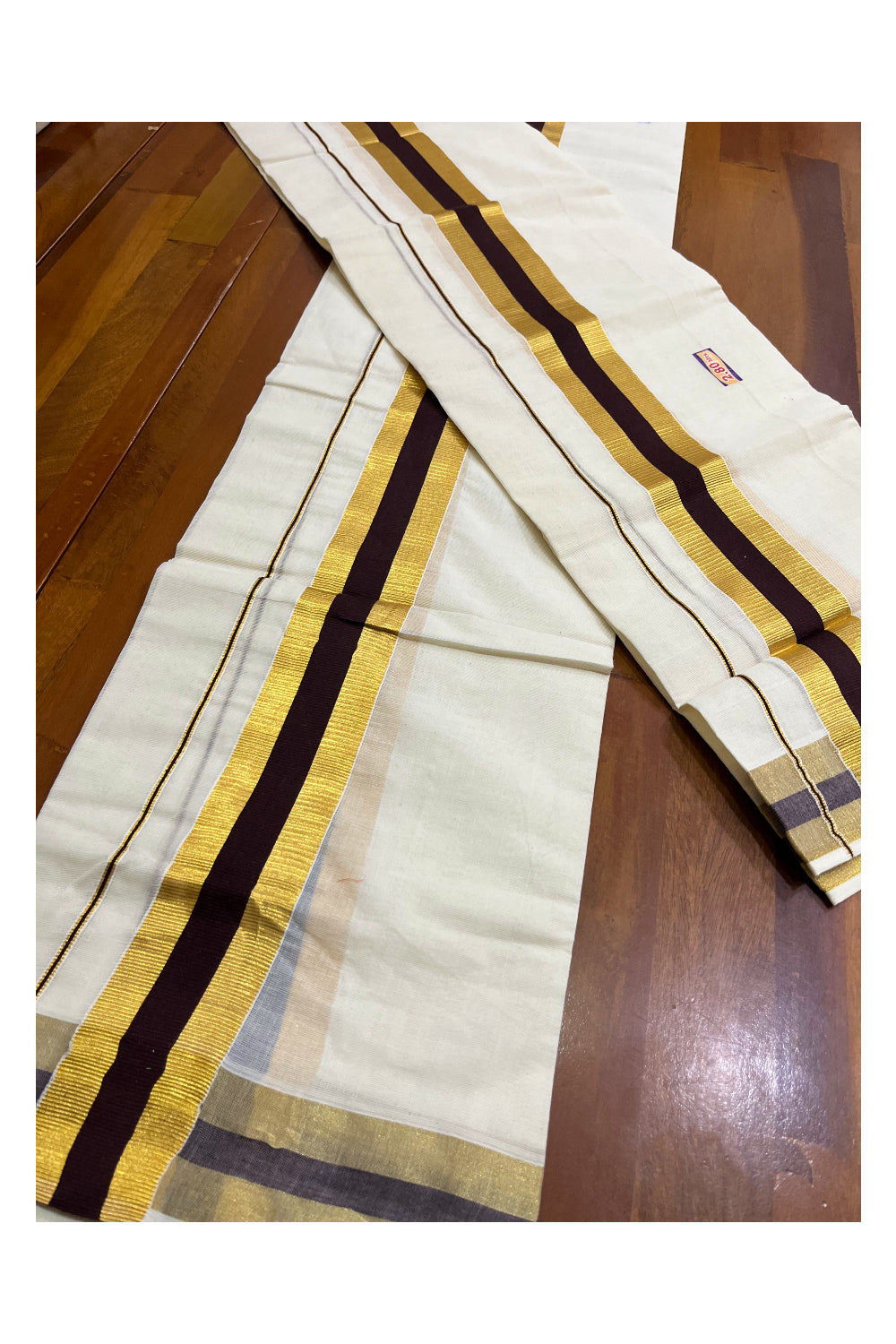 Kerala Cotton Mundum Neriyathum Single (Set Mundu) with Brown and Kasavu Border 2.80 Mtrs