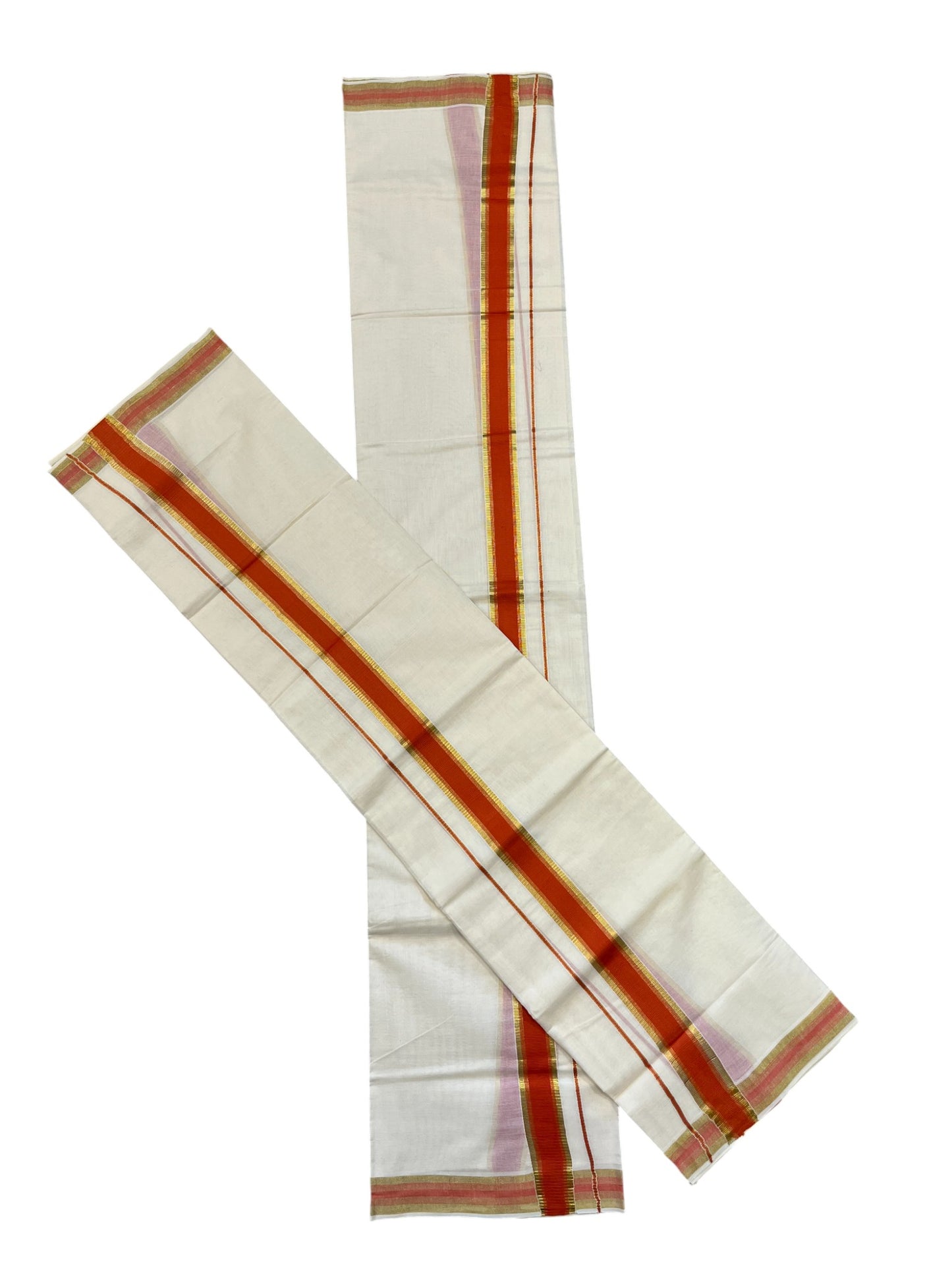 Kerala Cotton Set Mundu (Mundum Neriyathum) with Kasavu and Orange Border