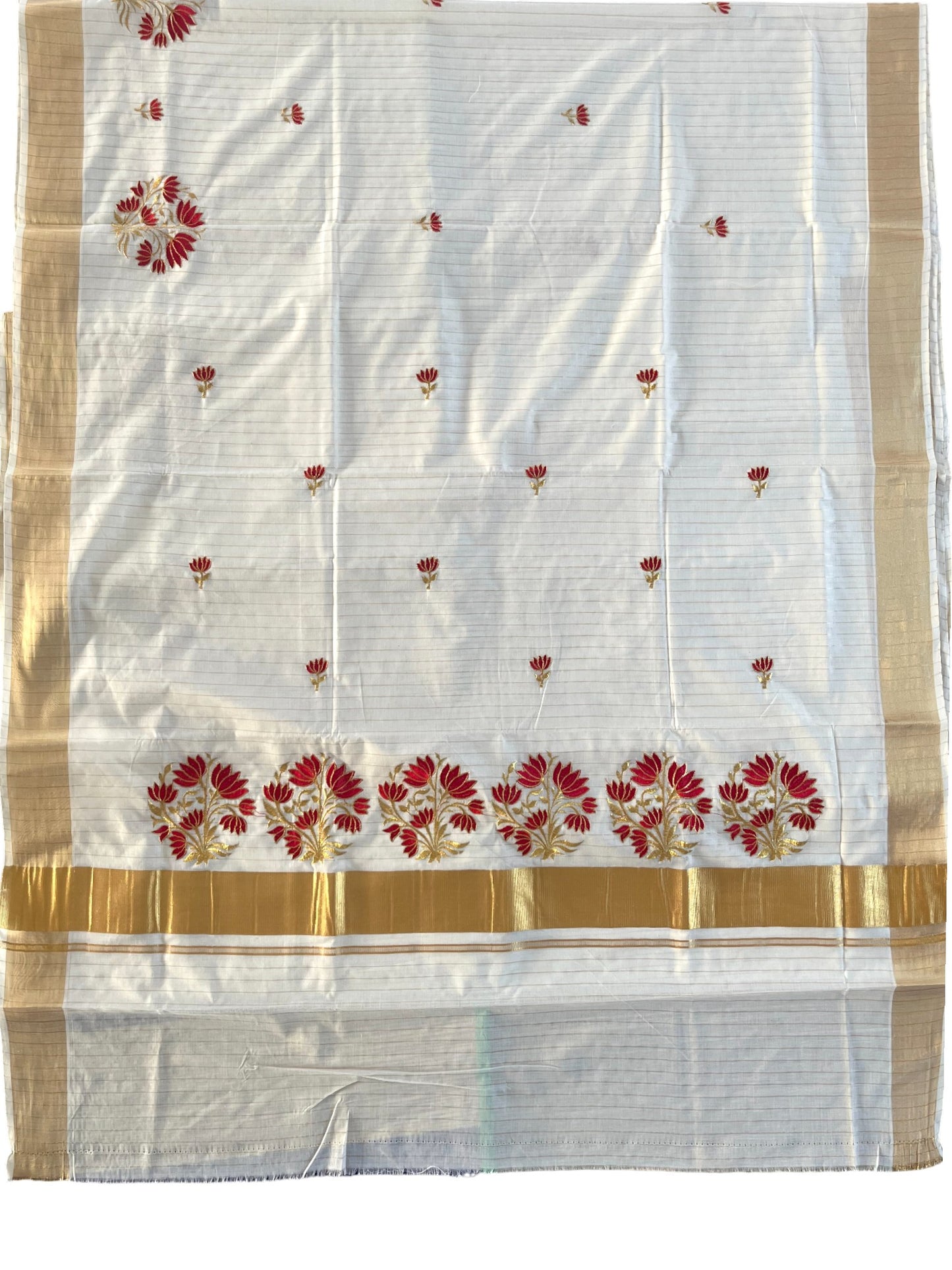 Southloom Kerala Cotton Stripes Kasavu Saree With Gold & Red Embroidery Work On Body