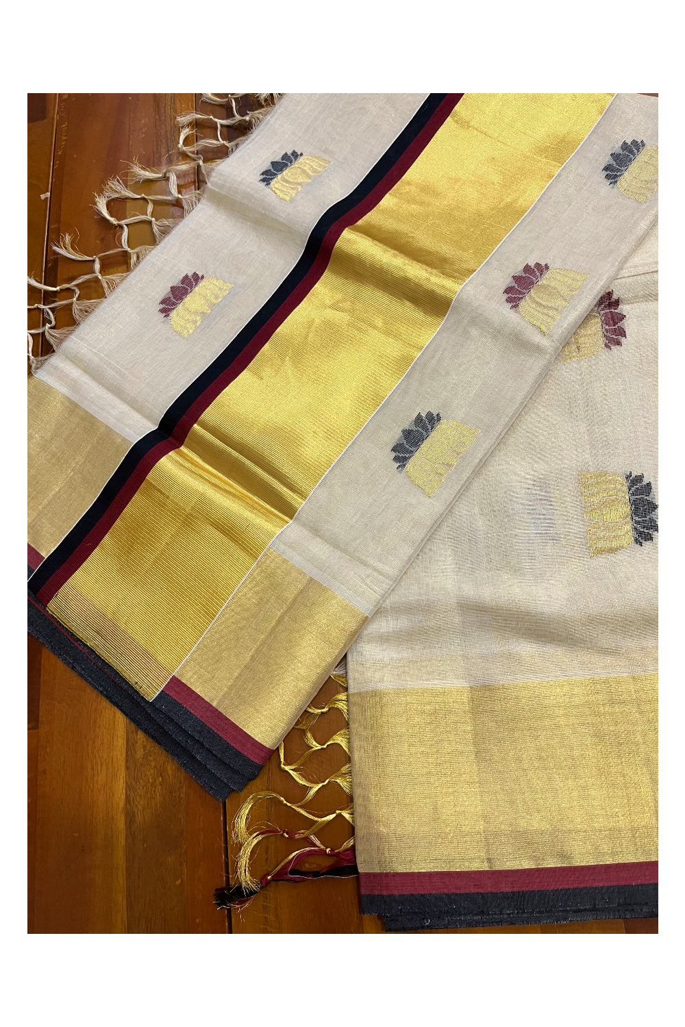 Southloom Premium Handloom Tissue Kasavu Saree with Lotus Woven Designs and Maroon Black Border