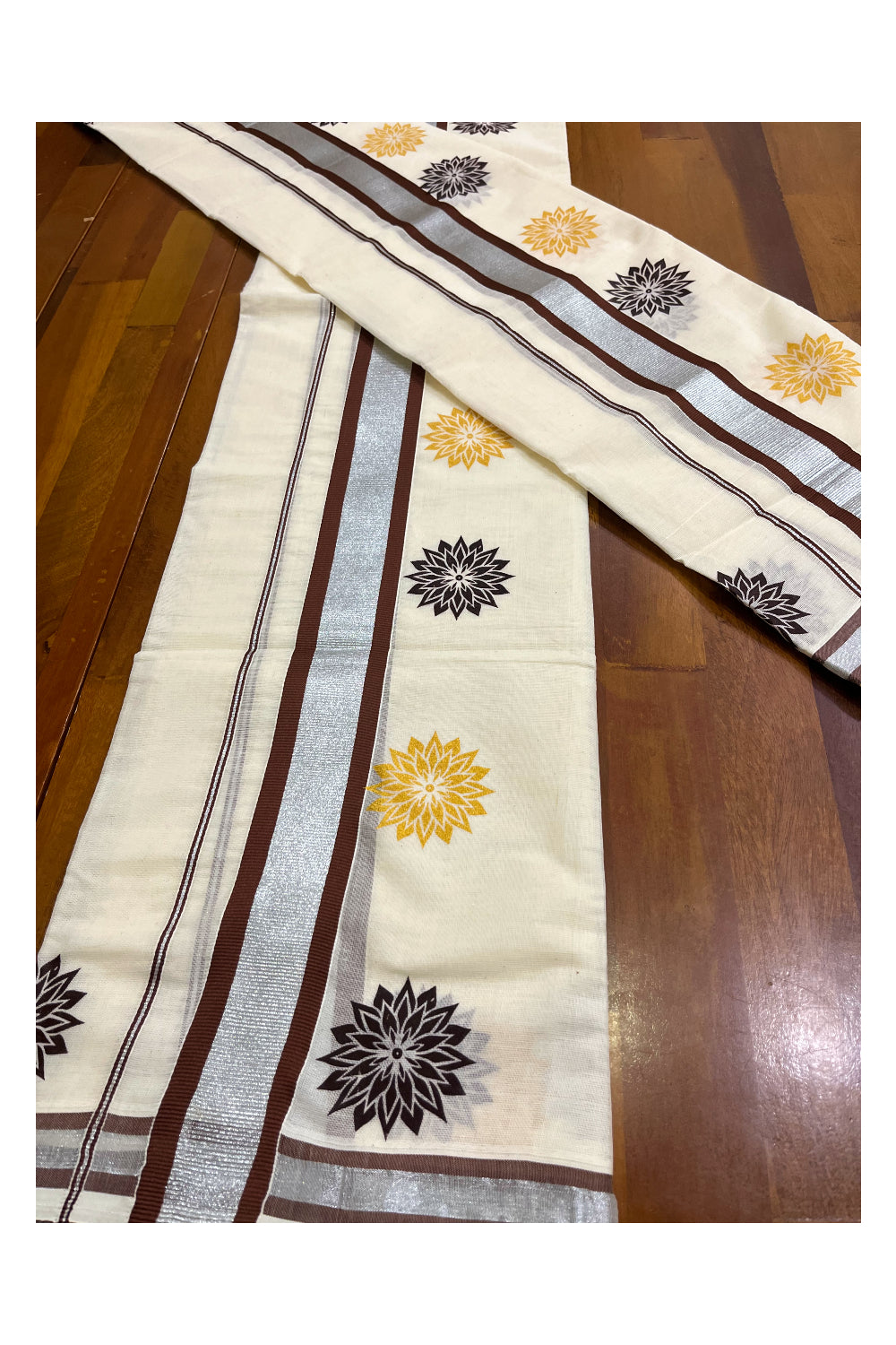 Kerala Cotton Mundum Neriyathum Single (Set Mundu) with Brown Golden Floral Block Prints in Brown Silver Kasavu Border