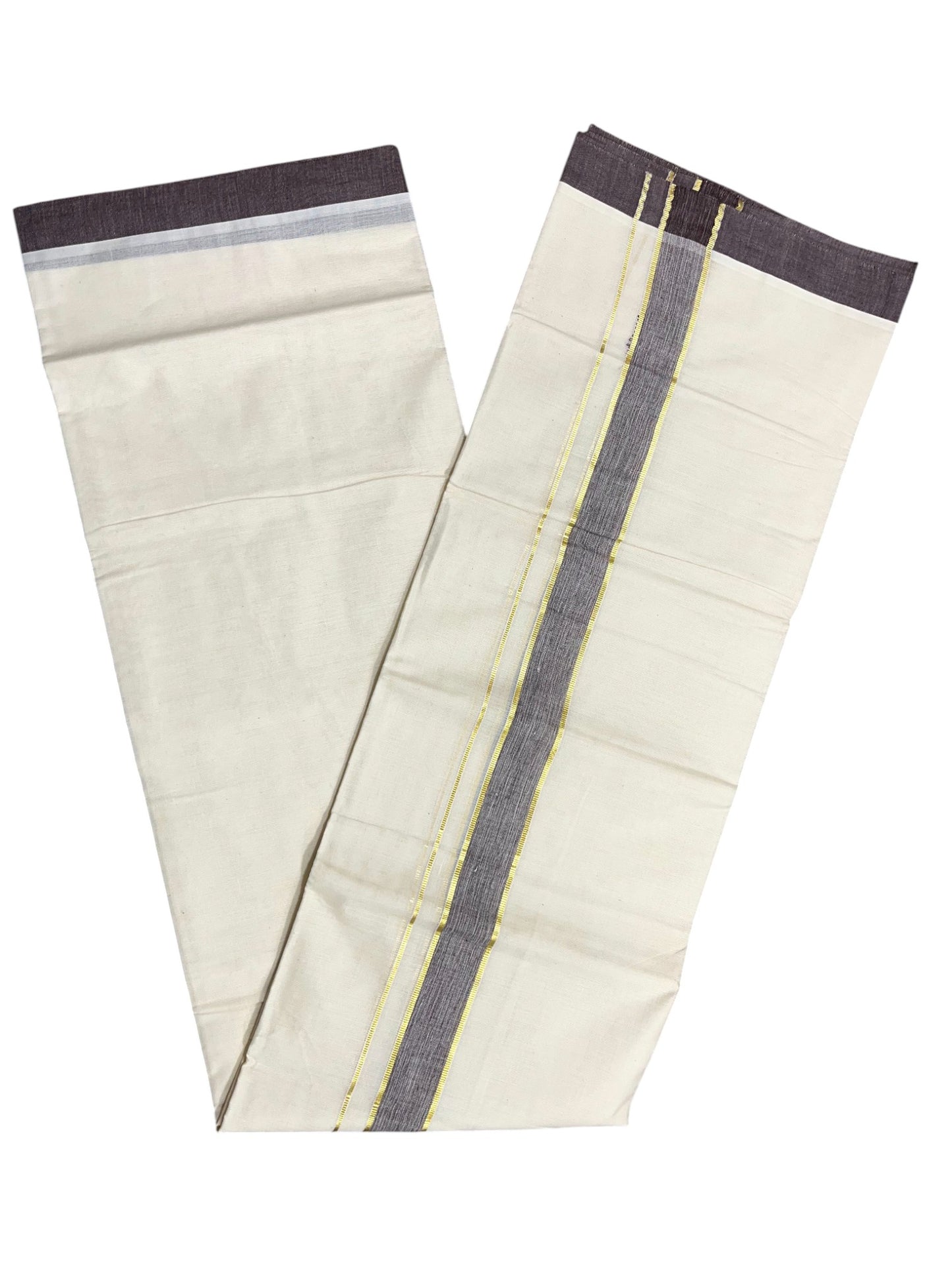 Southloom Kerala Pure Cotton Double Mundu with Gold Lines & Brown Border (South Indian Dhoti)