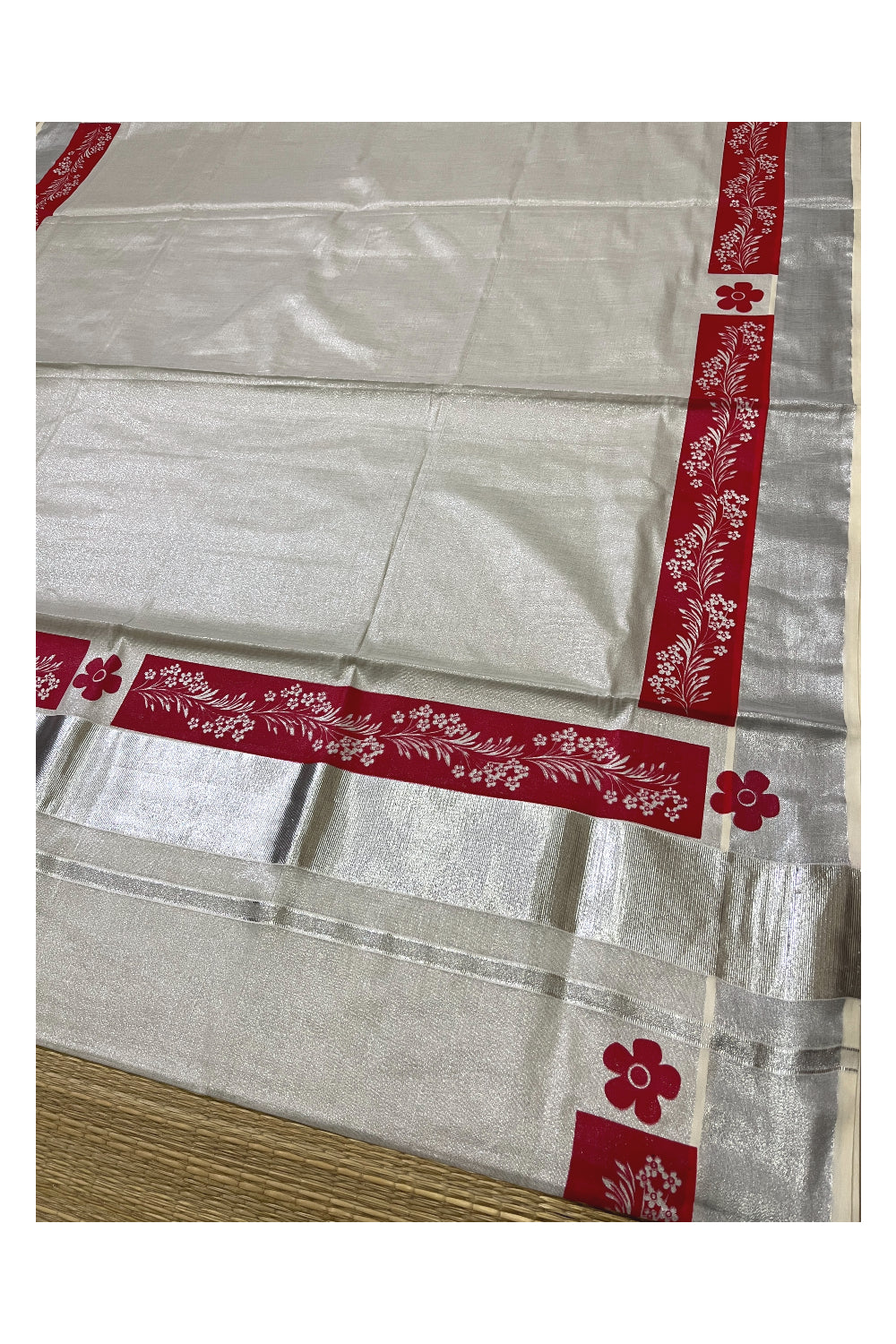 Kerala Silver Tissue Kasavu Saree with Red Floral Block Prints and Silver Border