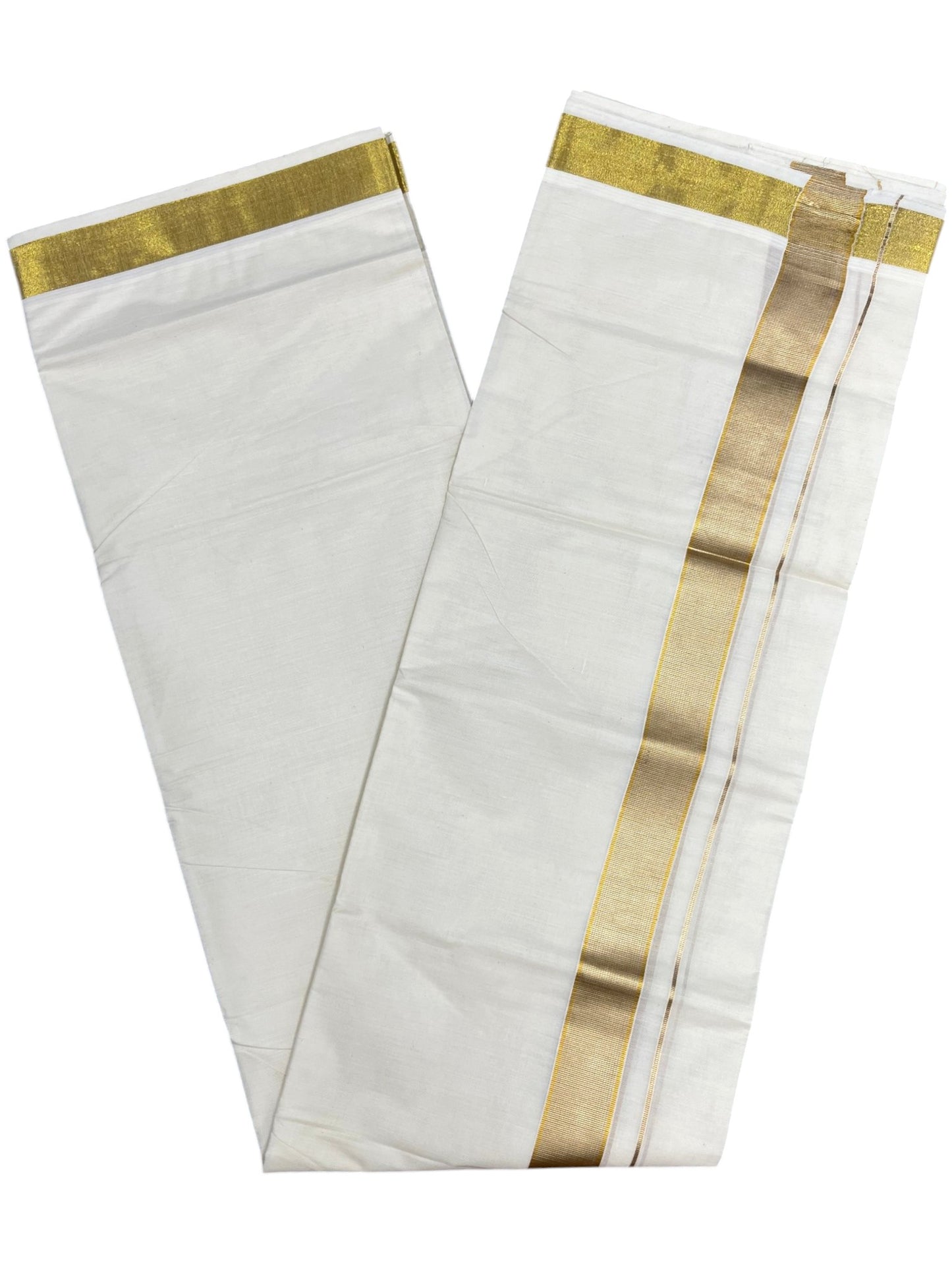 Southloom Kerala Pure Cotton Double Mundu with Gold Kasavu And Silver Line Border (South Indian Dhoti)