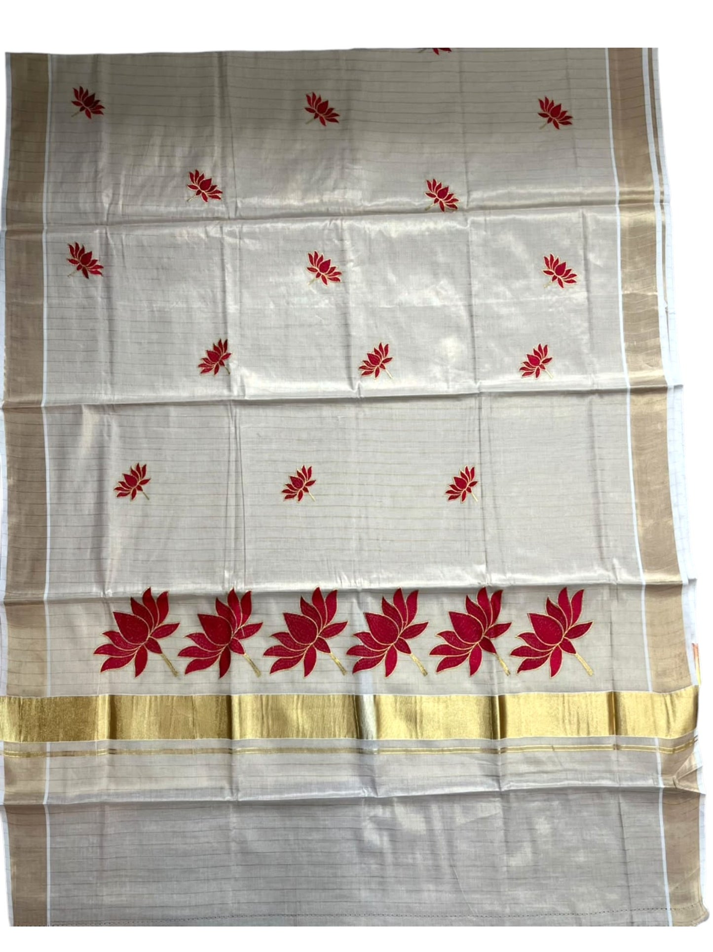Southloom Kerala Tissue Kasavu Saree with Lotus Embroidery Works on Body in Red SL557
