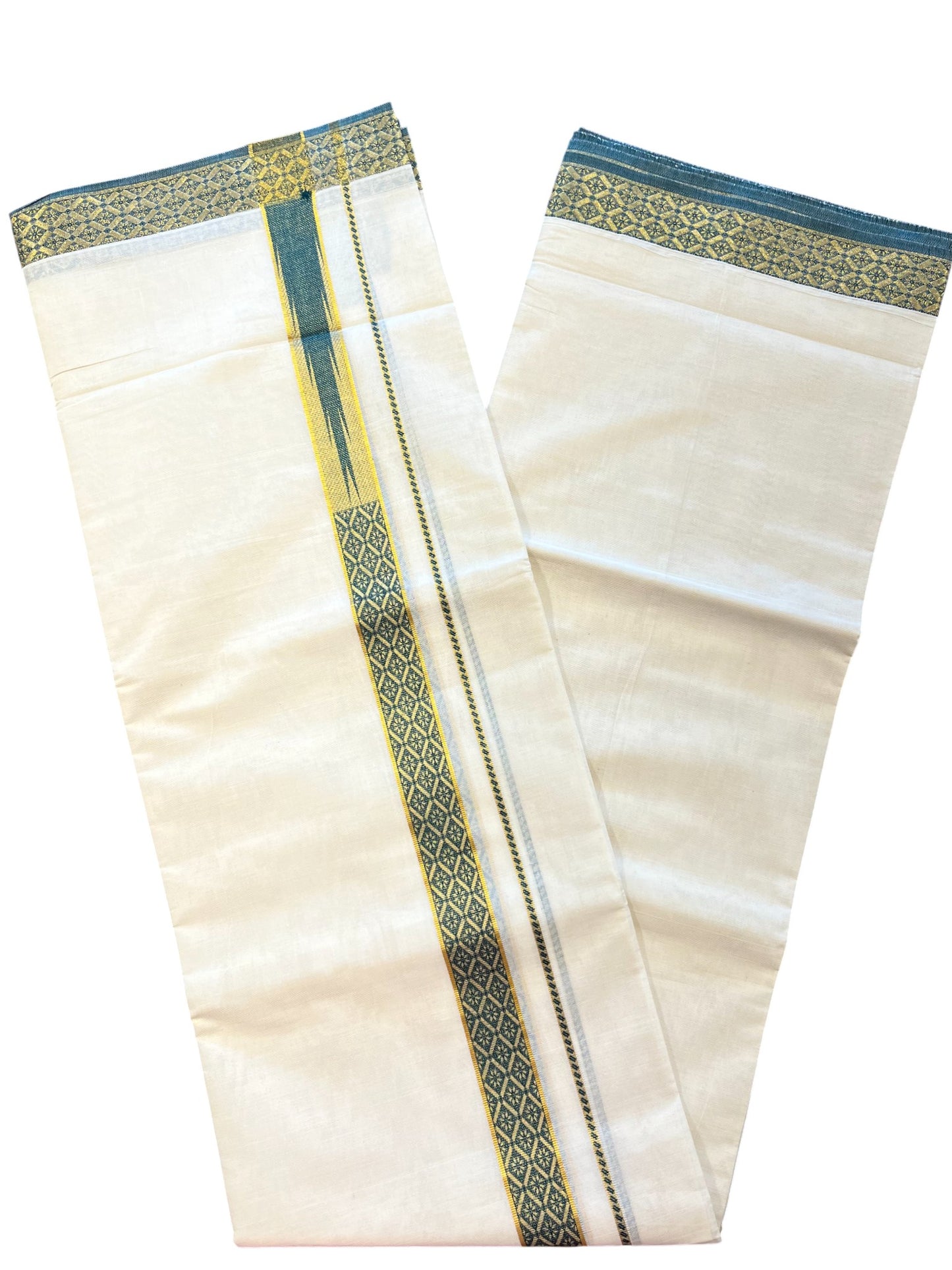 Southloom Kerala Pure Cotton Double Mundu with Kasavu Kara and Green Border (South Indian Dhoti)