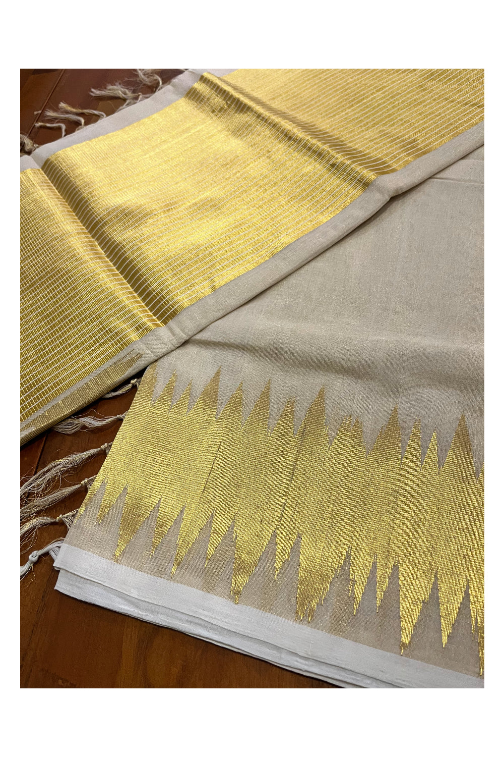 Southloom™ Original Handloom Tissue Kasavu Saree with Unique Temple Design Border