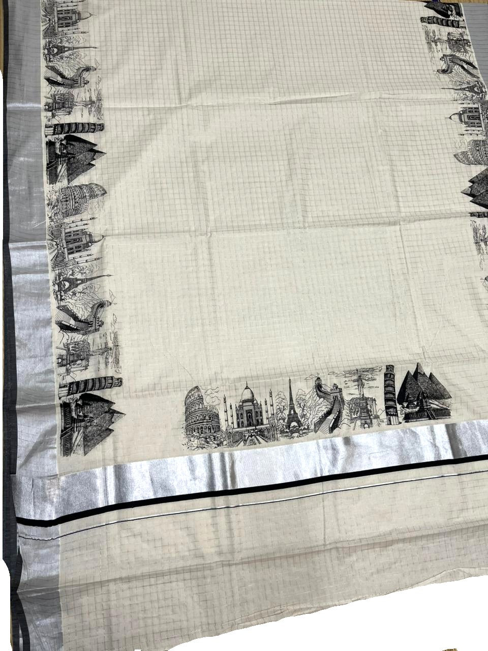 Southloom Silver Check Saree with Black Border and Digital Prints SL461