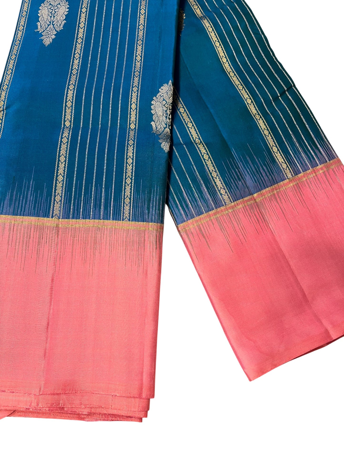 Southloom Pure Handloom Bridal Kanchipuram Silk Saree with Korvai Work (Pink & Blue)