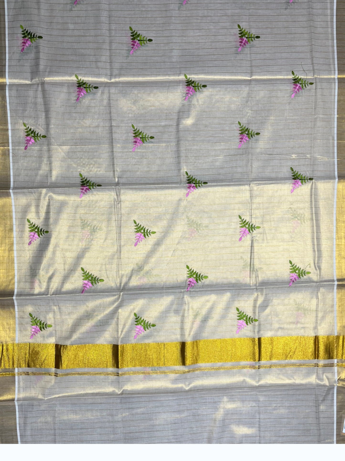 Southloom Kerala Tissue Kasavu Stripes Saree with Floral Embroidery Design in Pink and Green