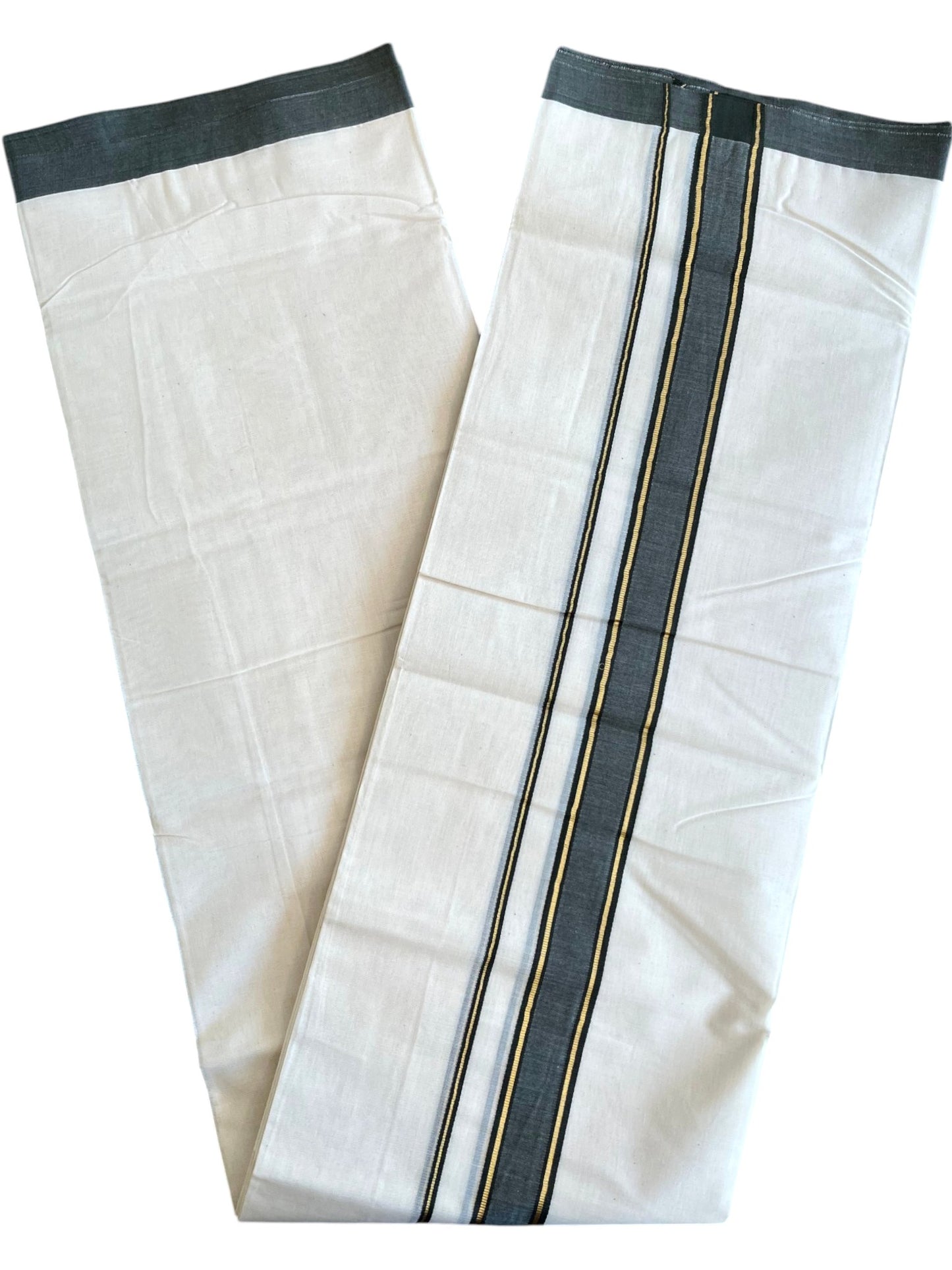 Southloom Pure Cotton Mundu with Golden Lines and Gray Border (South Indian Kerala Dhoti)