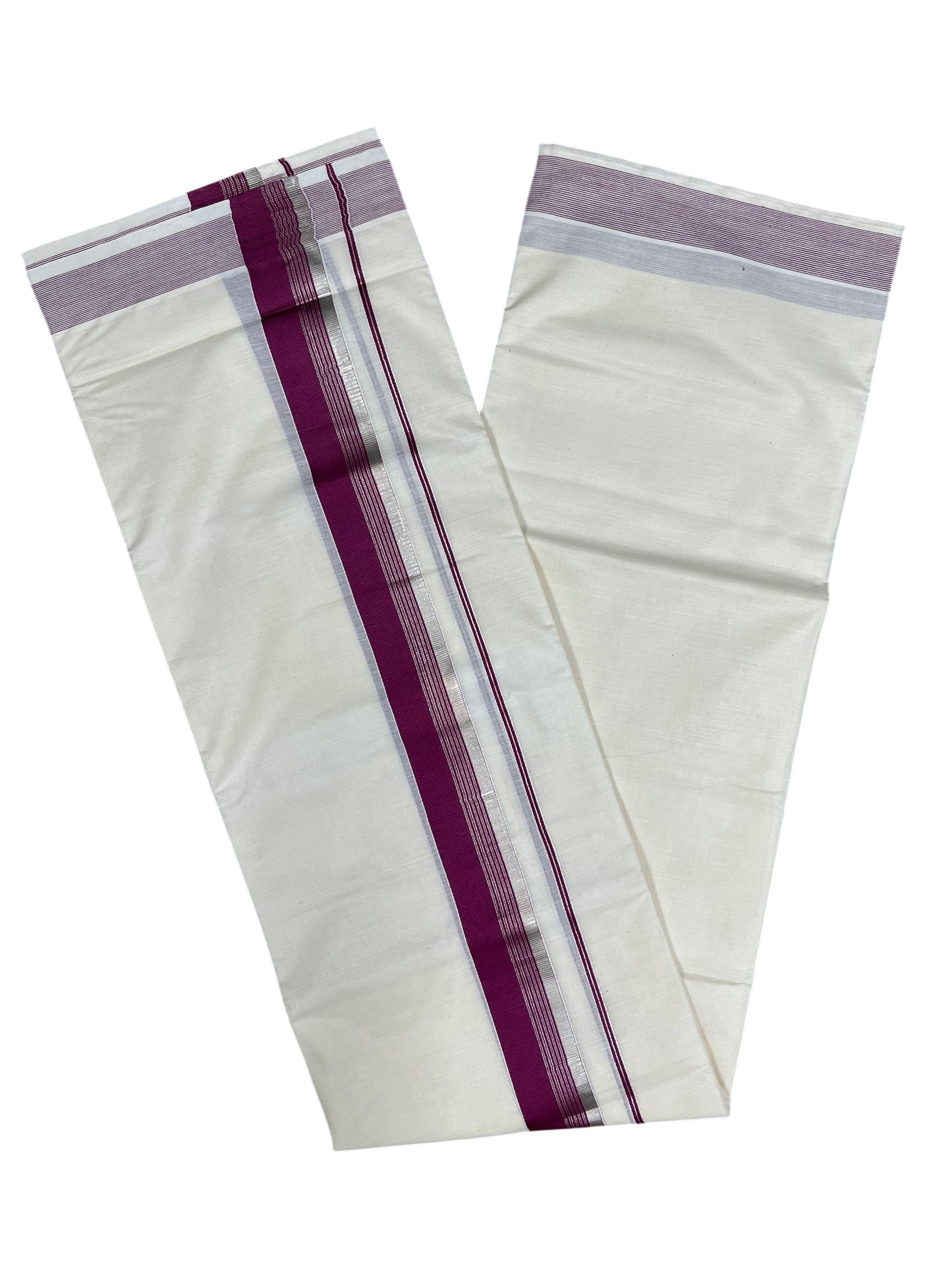 Southloom Pure Cotton Mundu with Silver Lines and Purple Border (South Indian Kerala Dhoti)