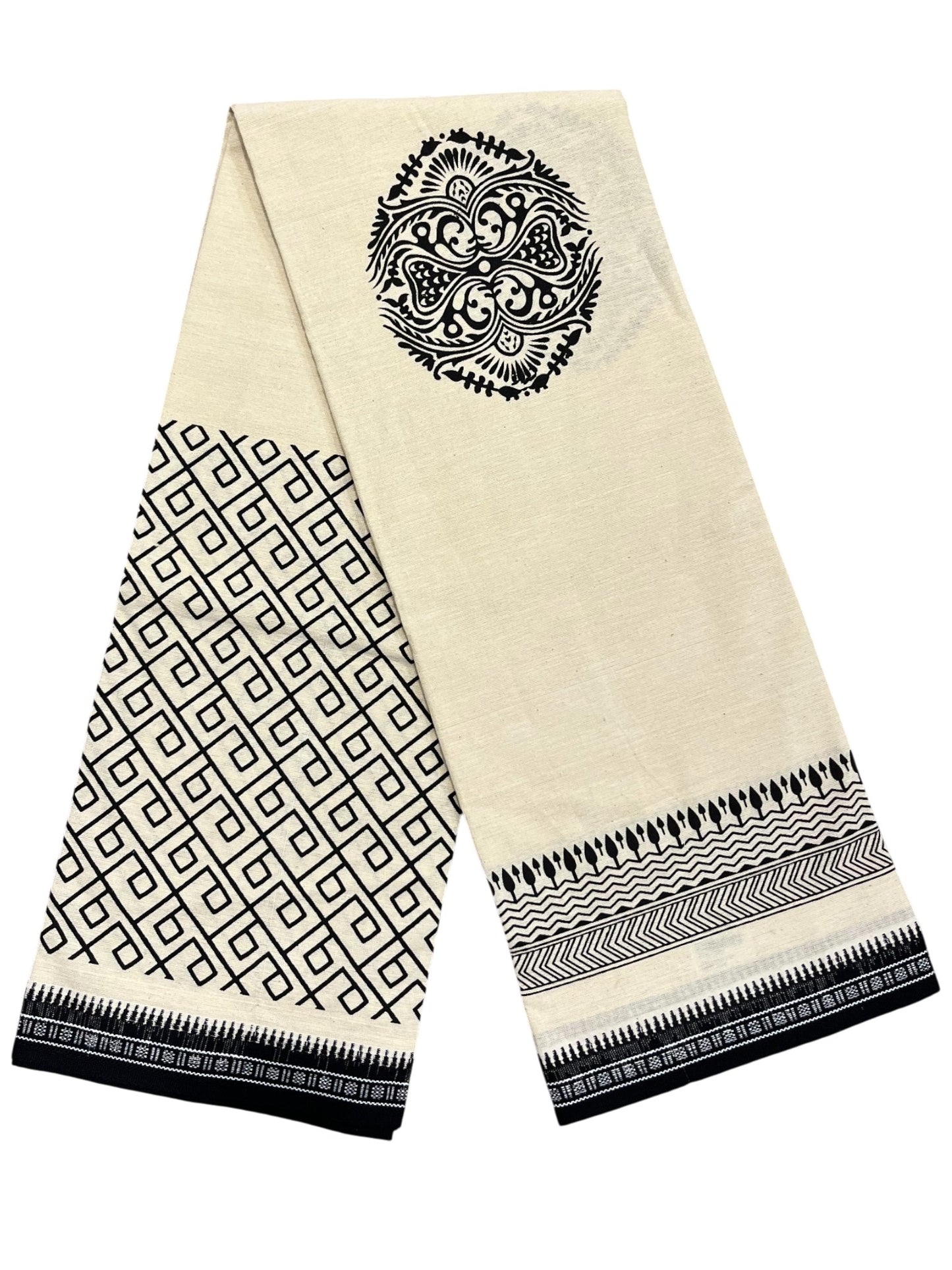 Southloom Off White And Black Printed Single Mundu / Otta Mundu / Lungi (South Indian Kerala Dhoti)