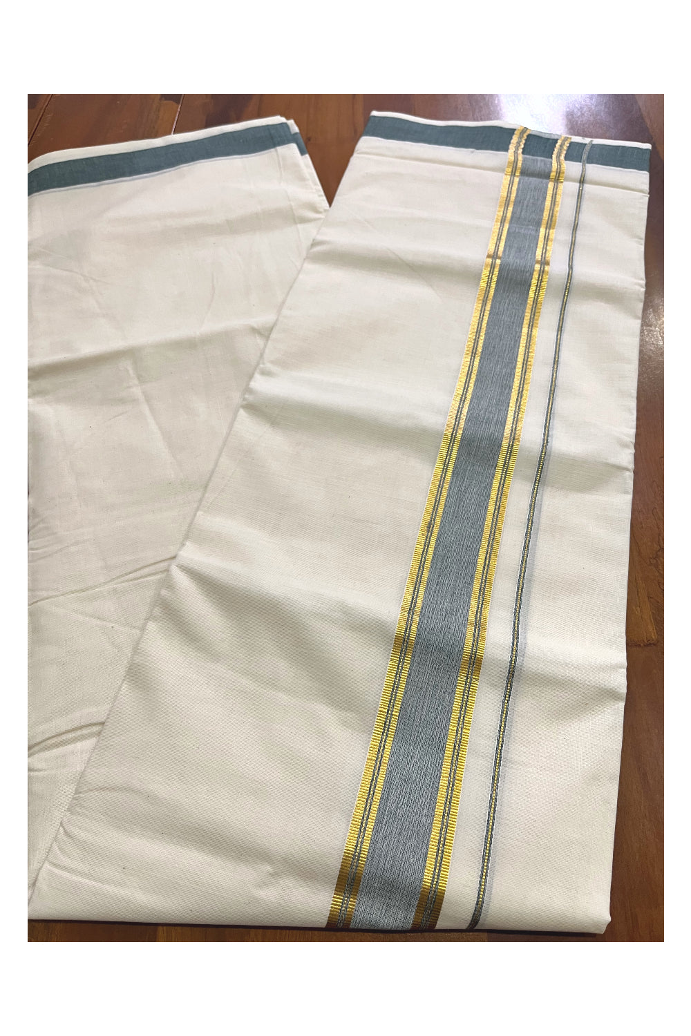 Off White Kerala Cotton Double Mundu with Kasavu and Greyish Green Border (South Indian Kerala Dhoti)