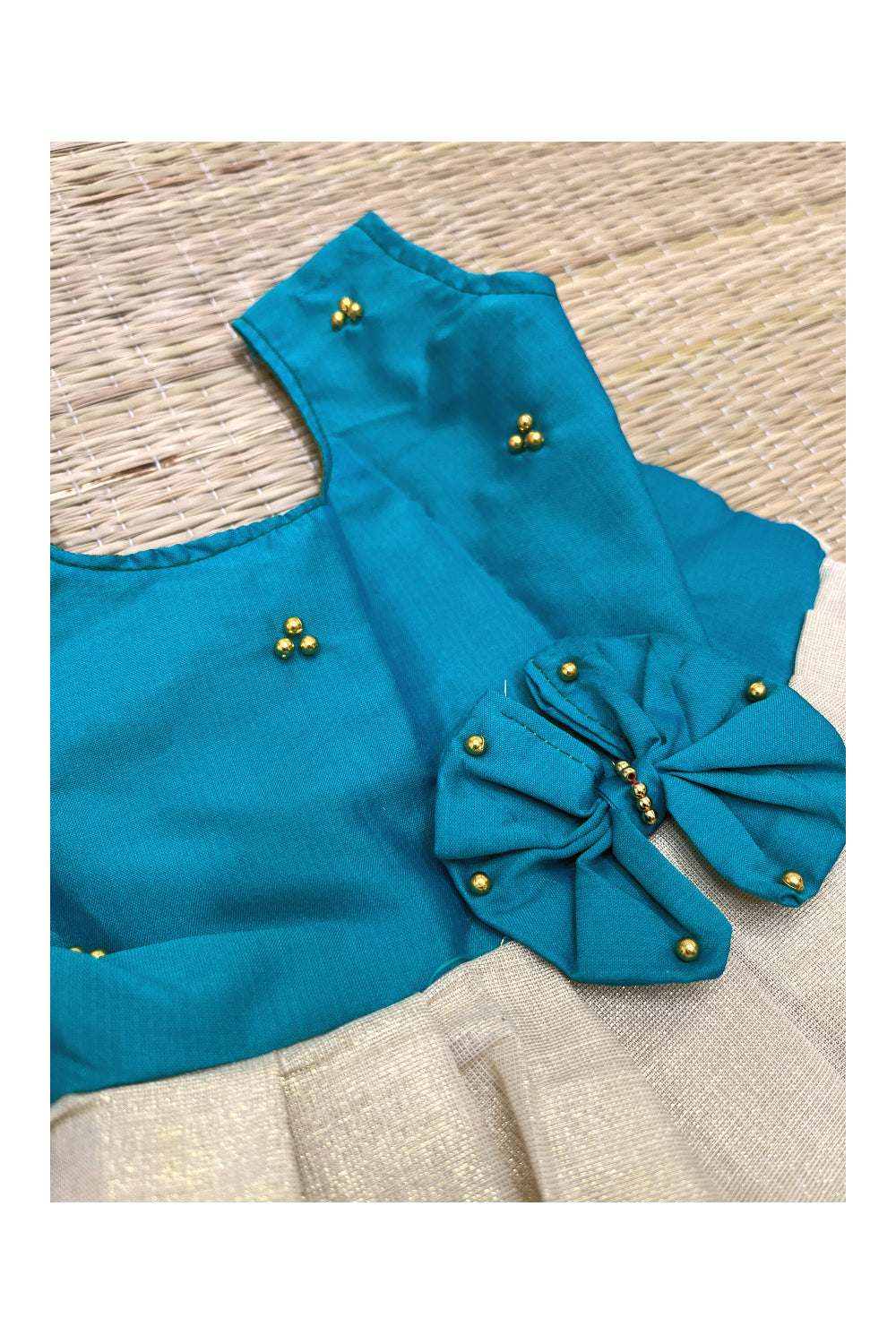 Southloom Kerala Tissue Frock with Green Bead Work Designs for Kids (1 Year)