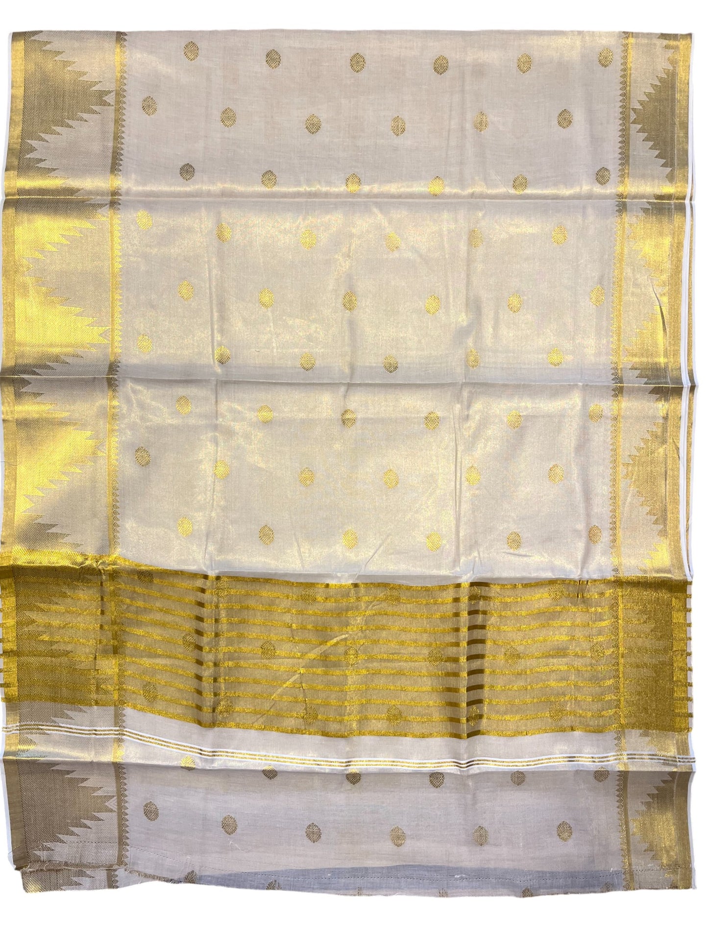 Southloom Tissue Kasavu Saree with Woven Butta Works Across Body and Temple Border