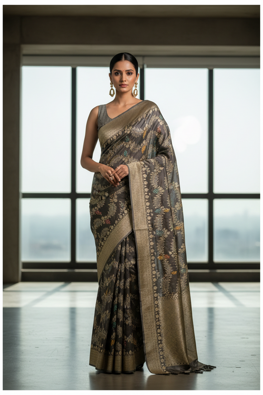Southloom Pure Banarasi Silk Saree with Woven Work on Body and Borders (Grey)