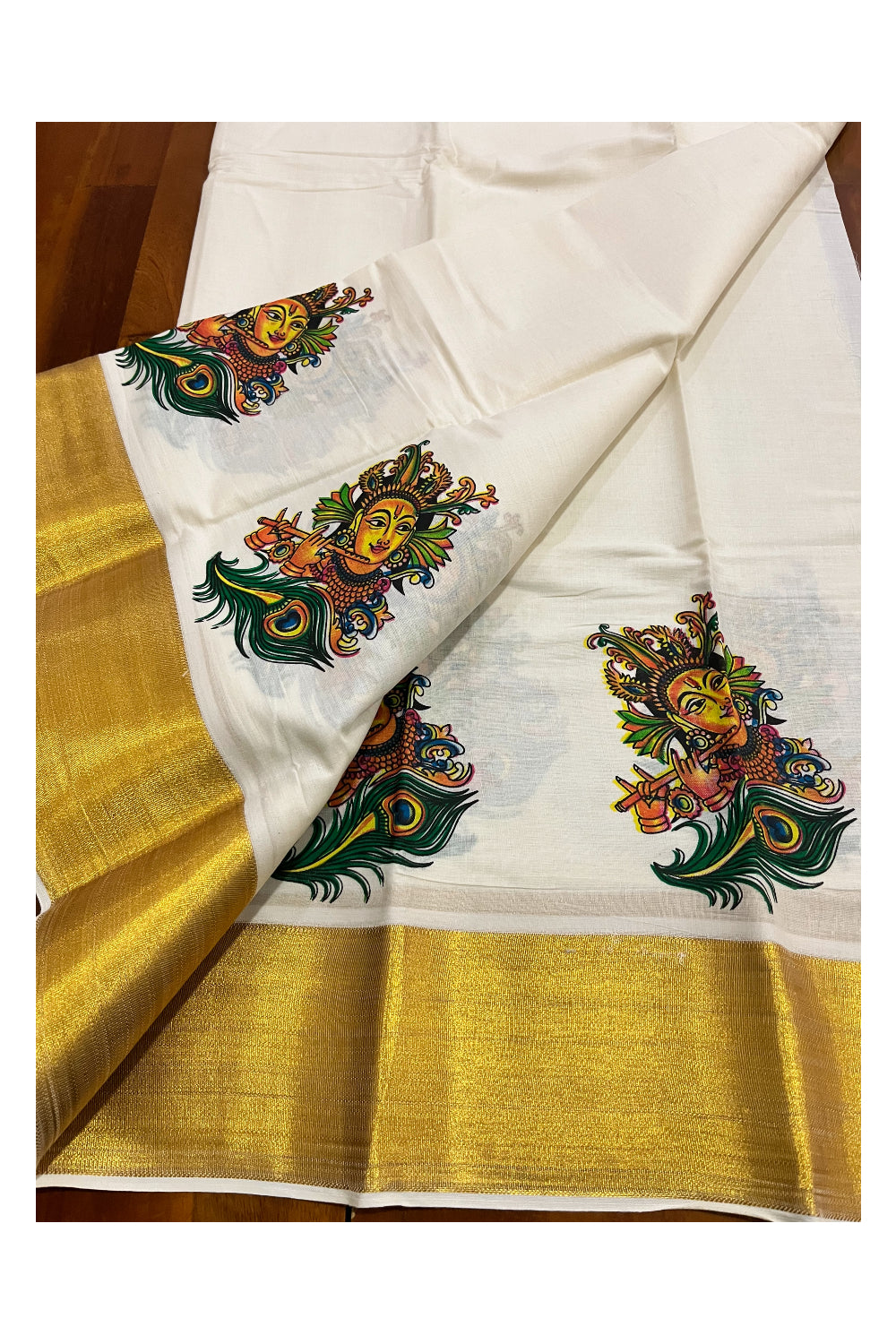 Kerala Pure Cotton Material with Mural Painted Design and Kasavu Border (4 meters)