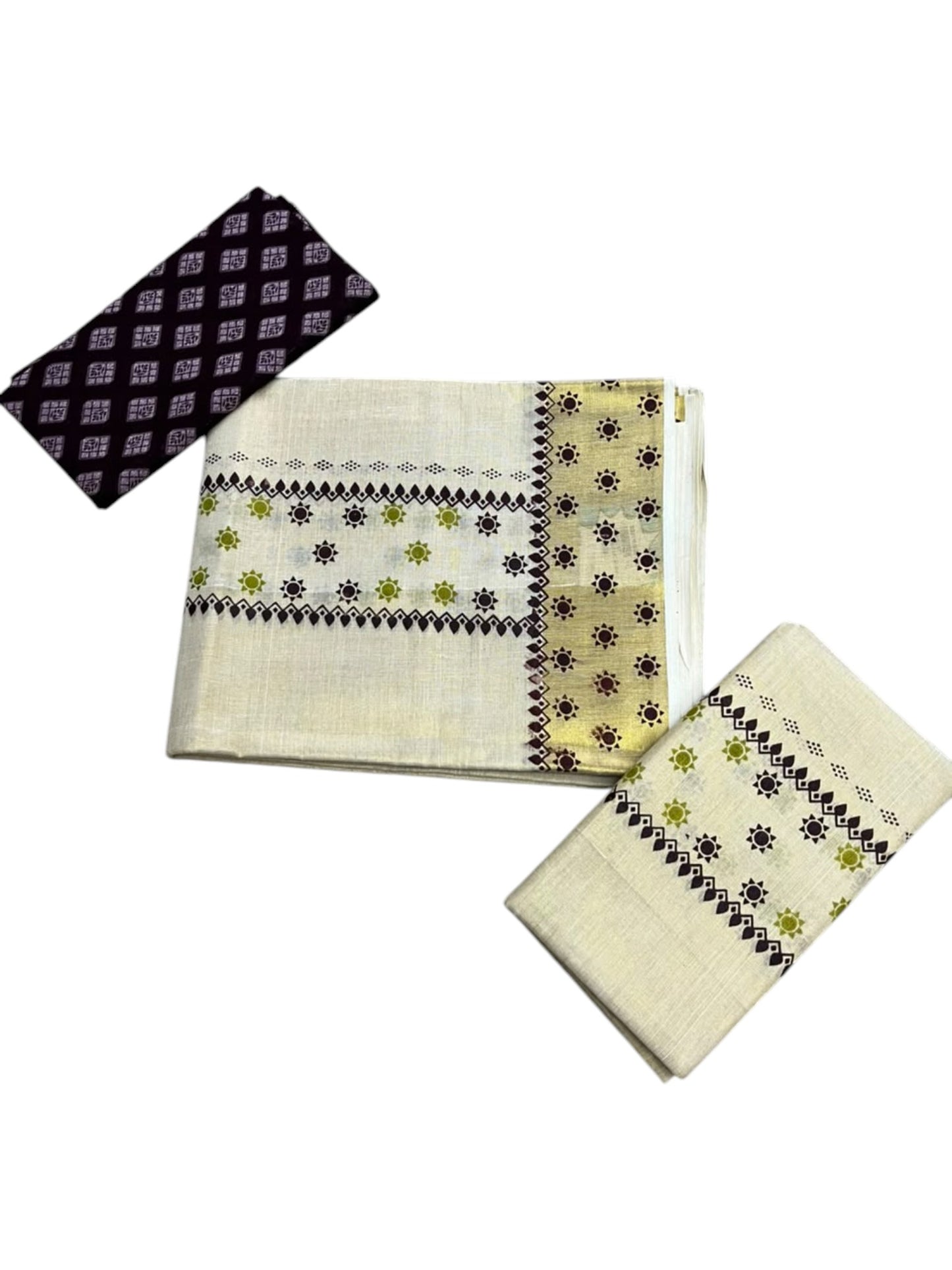 Southloom Kerala Tissue Set Mundu (Mundum Neriyathum) with Olive Green & Brown Floral Prints on Border-2.80Mtrs SL625